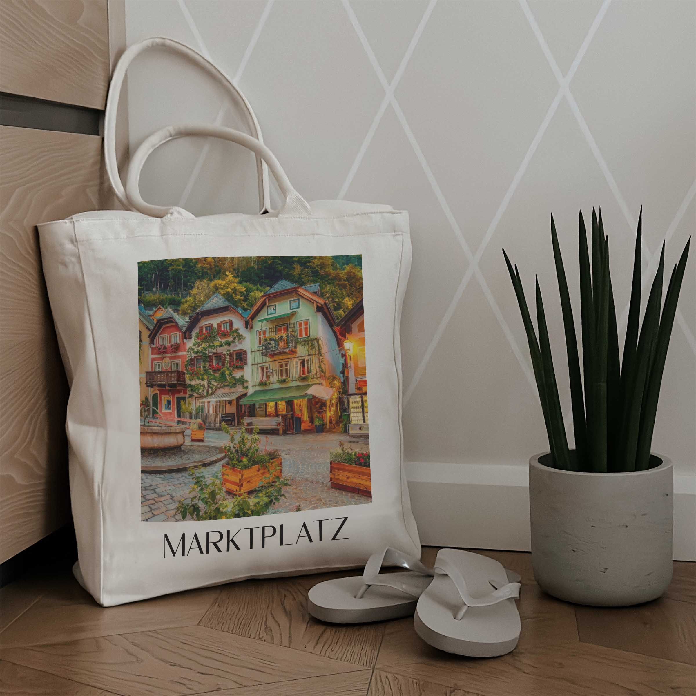 marktplatz-hallstatt-österreich-einkaufstasche-oil-painting-oelgemaelde
