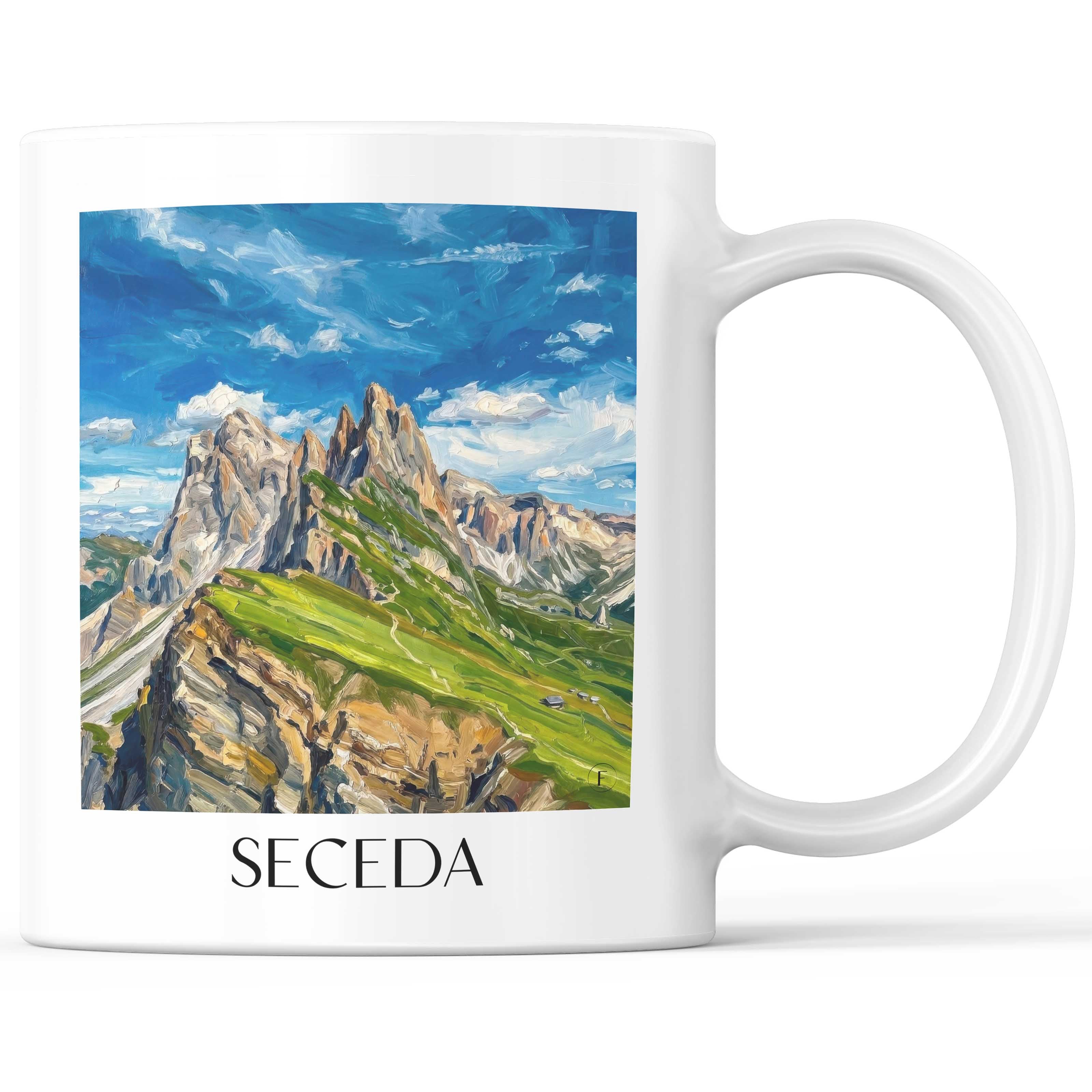 Seceda Kaffeebecher - Dolomiten - Italien Becher - Kaffeetasse im Ölgemälde Stil