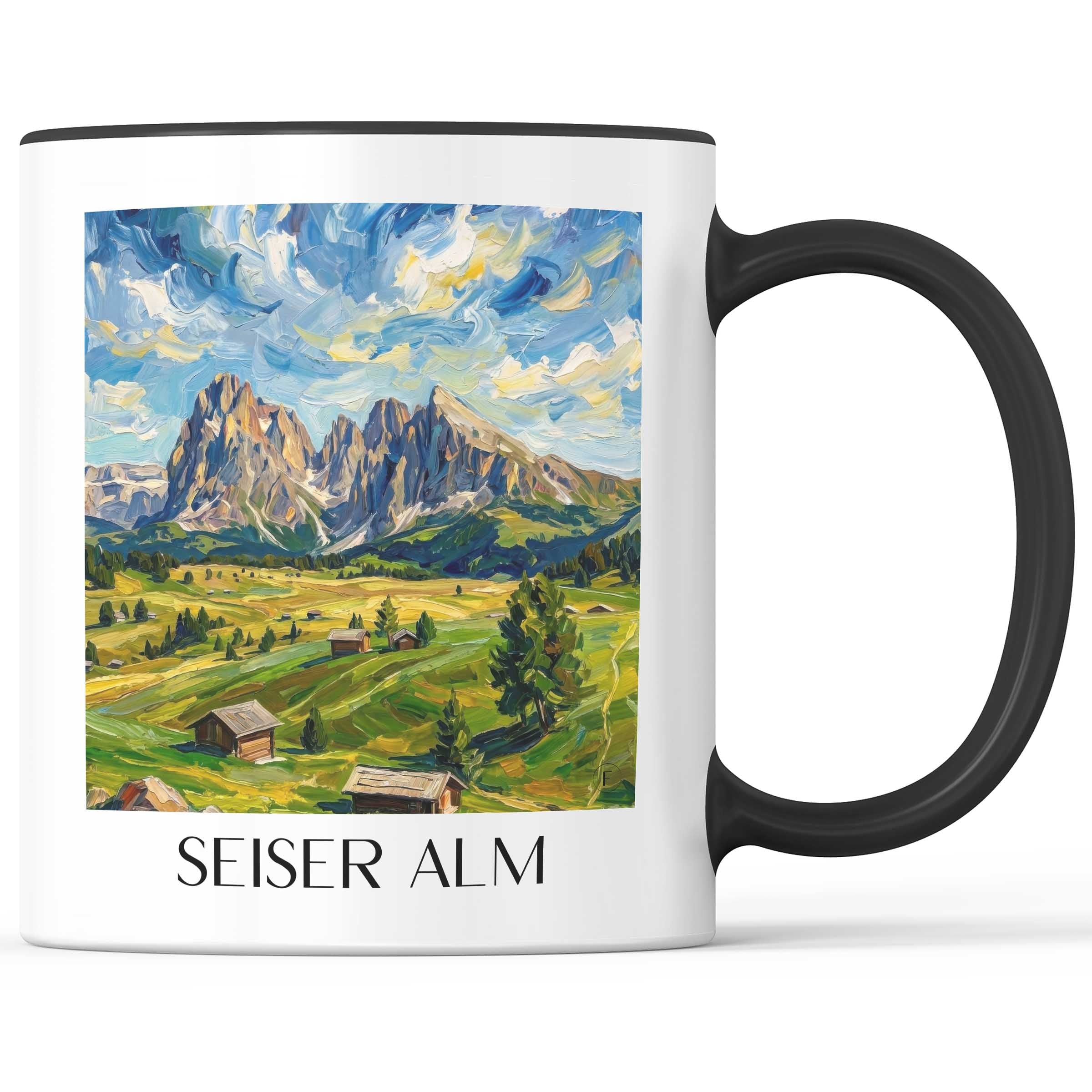 Seiser Alm Kaffeebecher - Dolomiten - Italien Becher - Kaffeetasse im Ölgemälde Stil