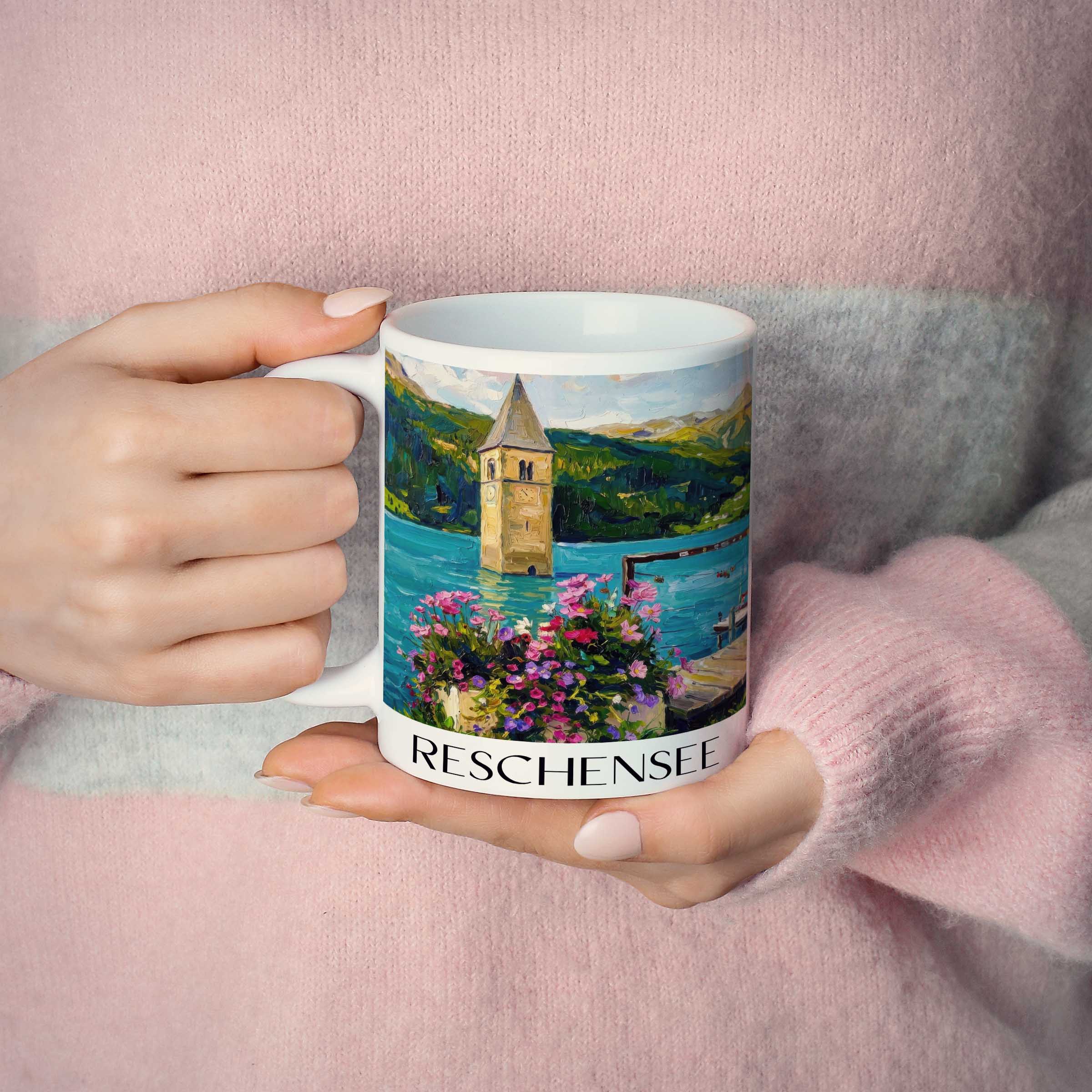 reschensee-südtirol-italien-kaffeebecher-oil-painting-oelgemaelde