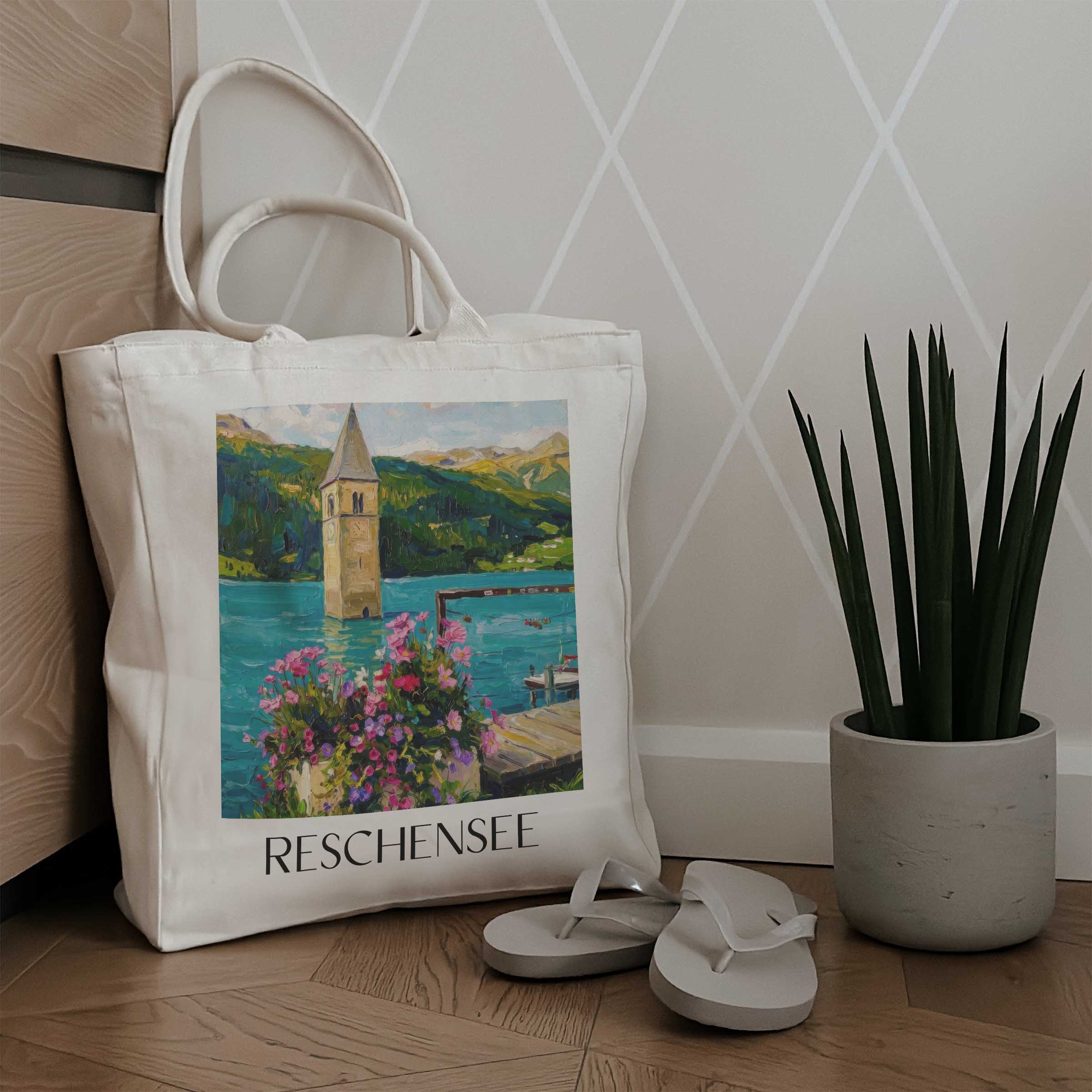 reschensee-südtirol-italien-einkaufstasche-oil-painting-oelgemaelde