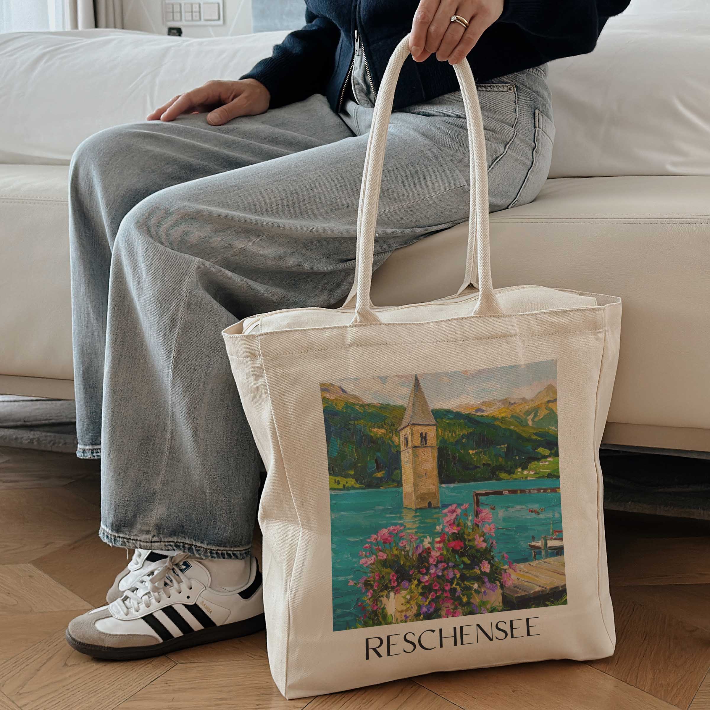 reschensee-südtirol-italien-einkaufstasche-oil-painting-oelgemaelde