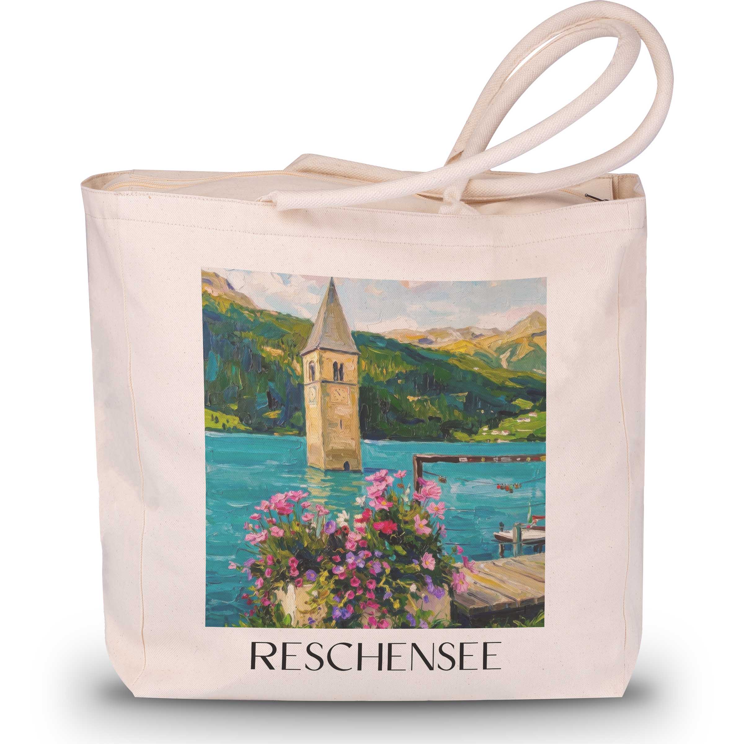 Reschensee Shopping Tasche - Südtirol - Italien Tote Bag - Einkaufstasche im Ölgemälde Stil