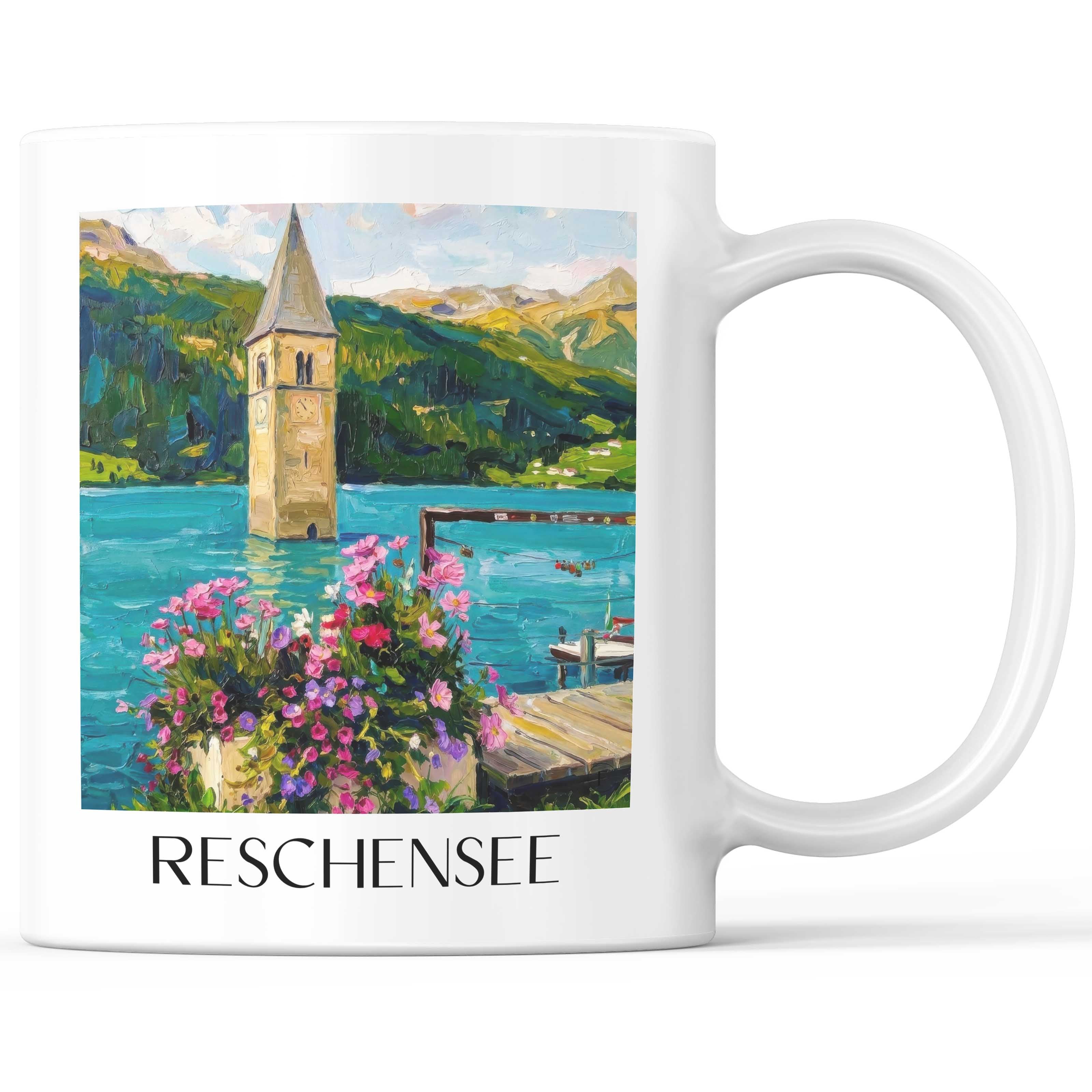 Reschensee Kaffeebecher - Südtirol - Italien Becher - Kaffeetasse im Ölgemälde Stil
