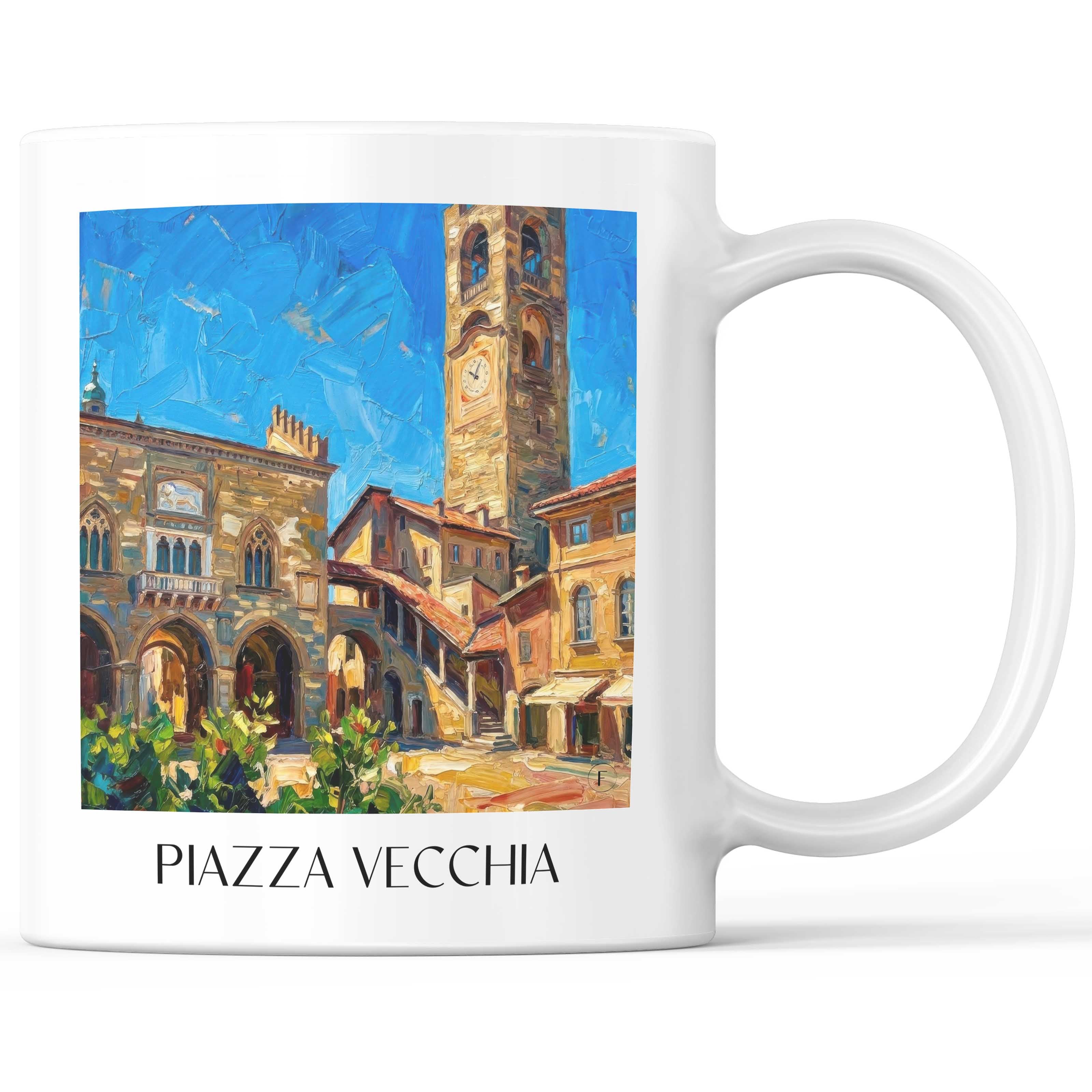 Piazza Vecchia Kaffeebecher - Bergamo - Italien Becher - Kaffeetasse im Ölgemälde Stil