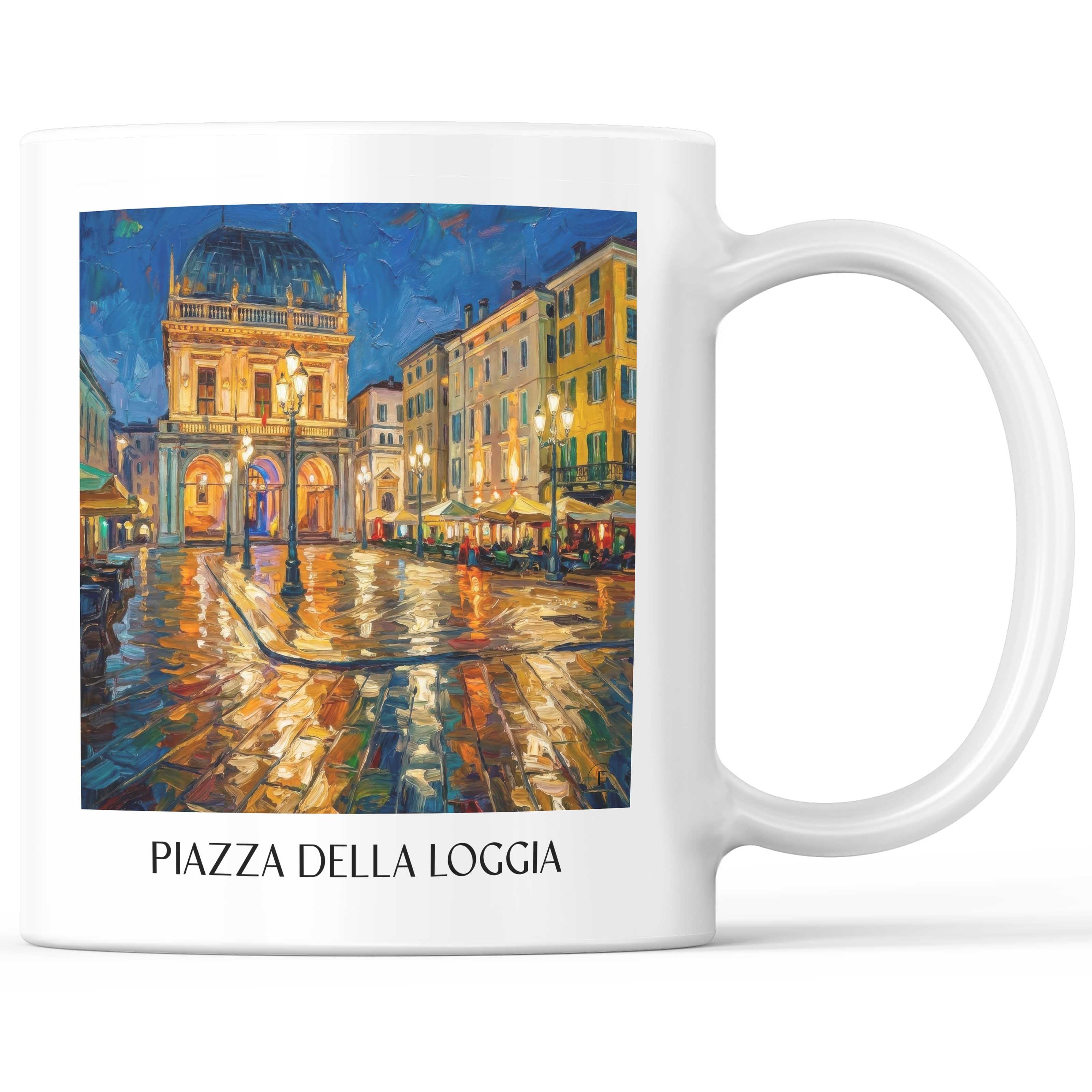 Piazza della Loggia Kaffeebecher - Brescia - Italien Becher - Kaffeetasse im Ölgemälde Stil
