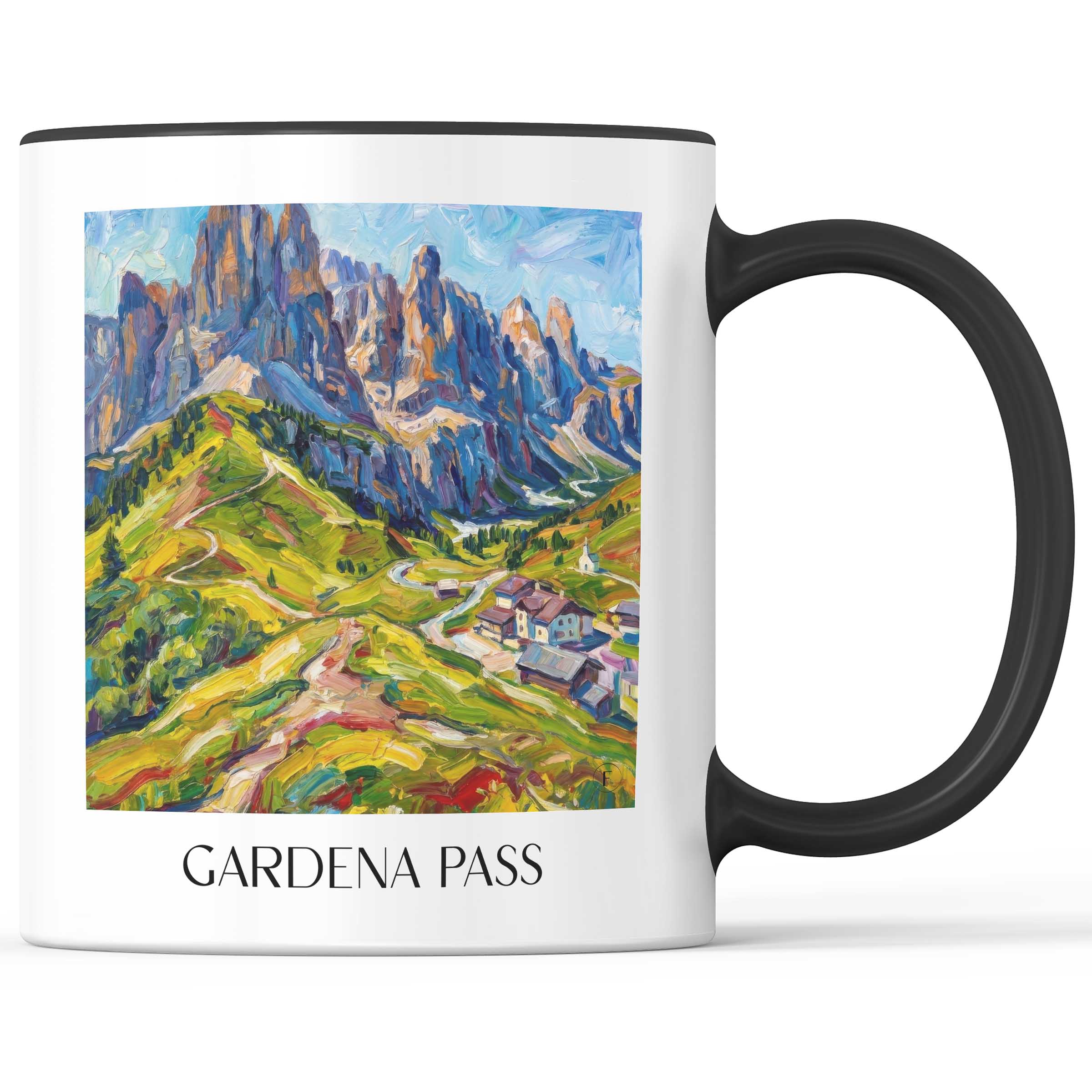 Grödner Joch Kaffeebecher - Dolomiten - Italien Becher - Kaffeetasse im Ölgemälde Stil