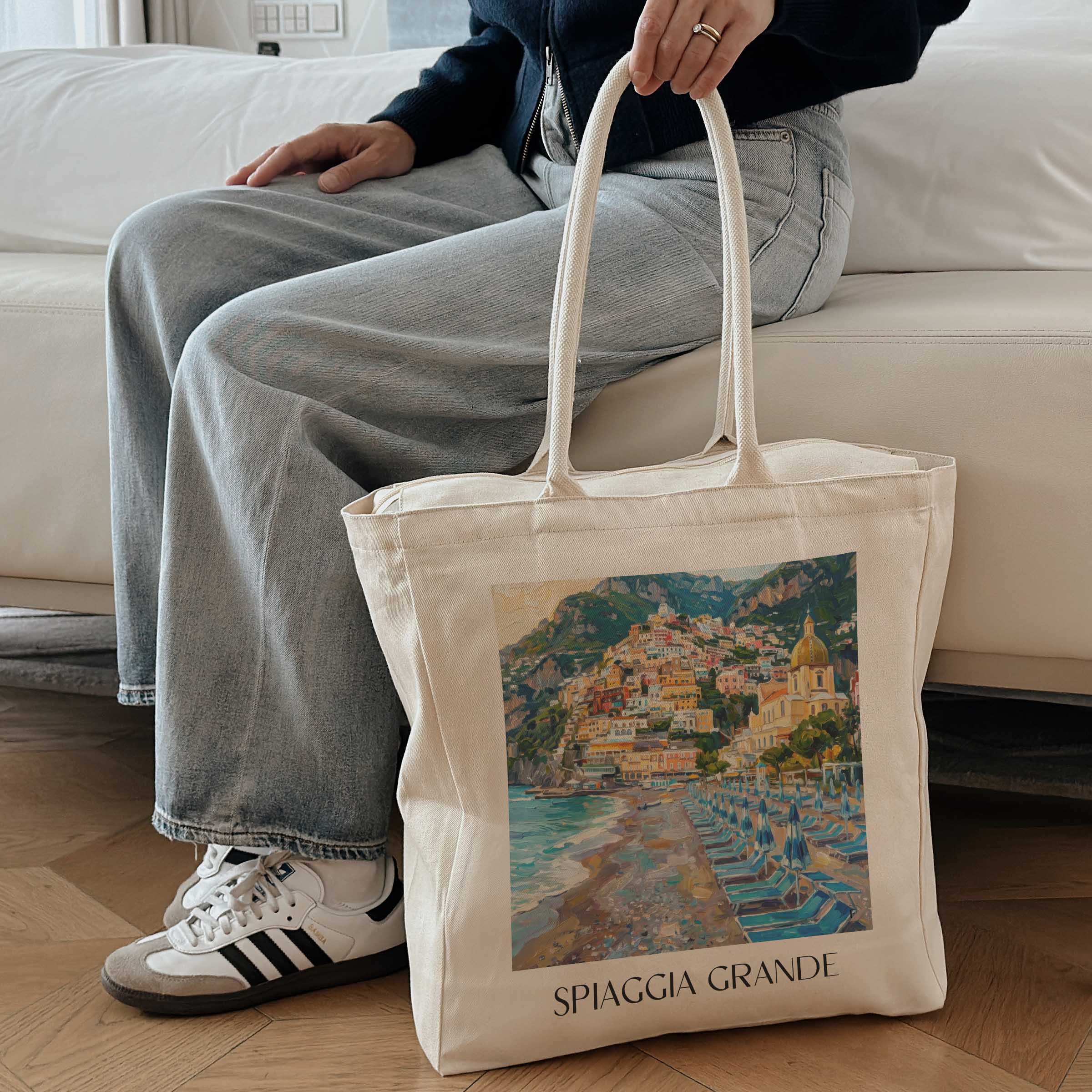 spiaggia-grande-positano-italien-einkaufstasche-oil-painting-oelgemaelde