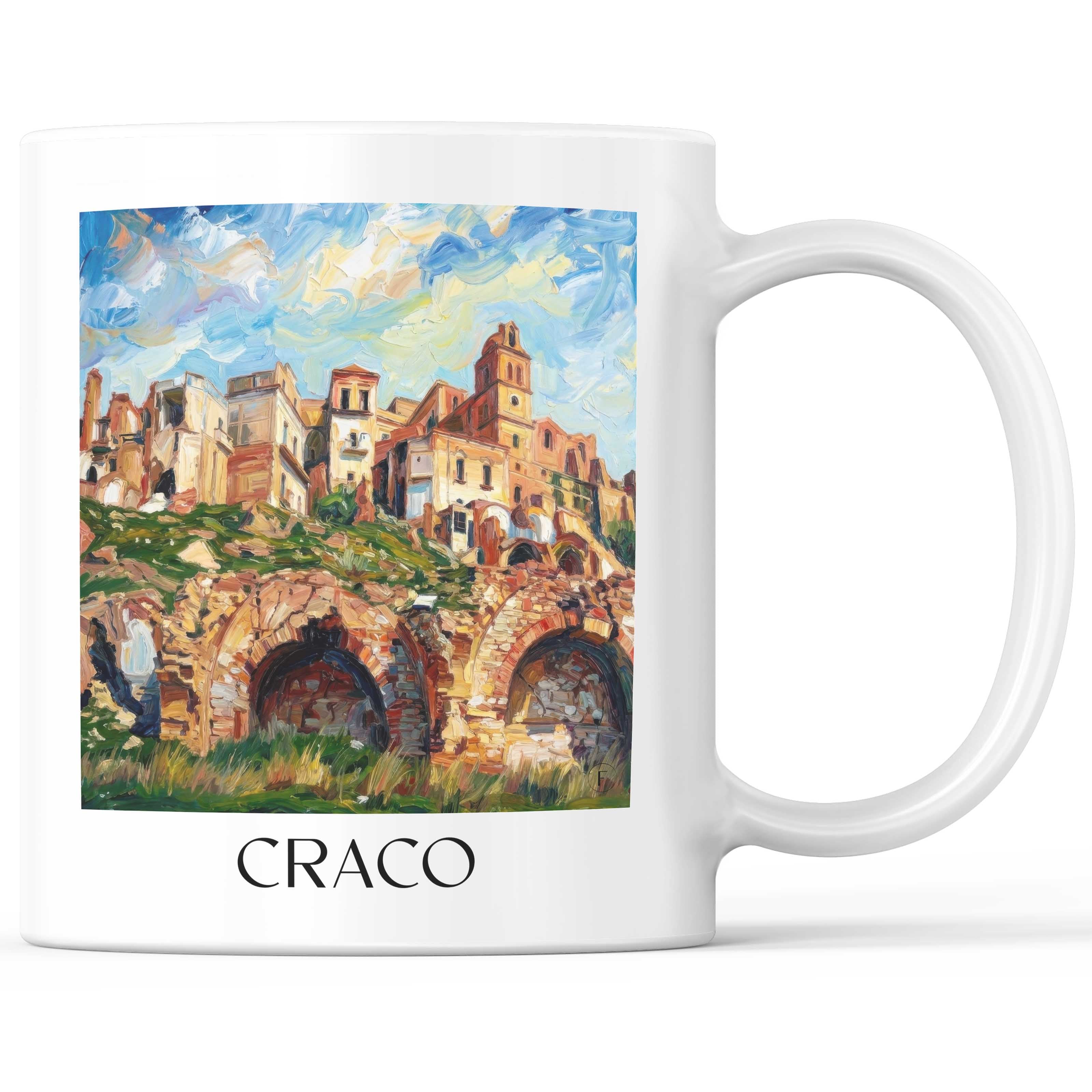 Craco Kaffeebecher - Basilikata - Italien Becher - Kaffeetasse im Ölgemälde Stil