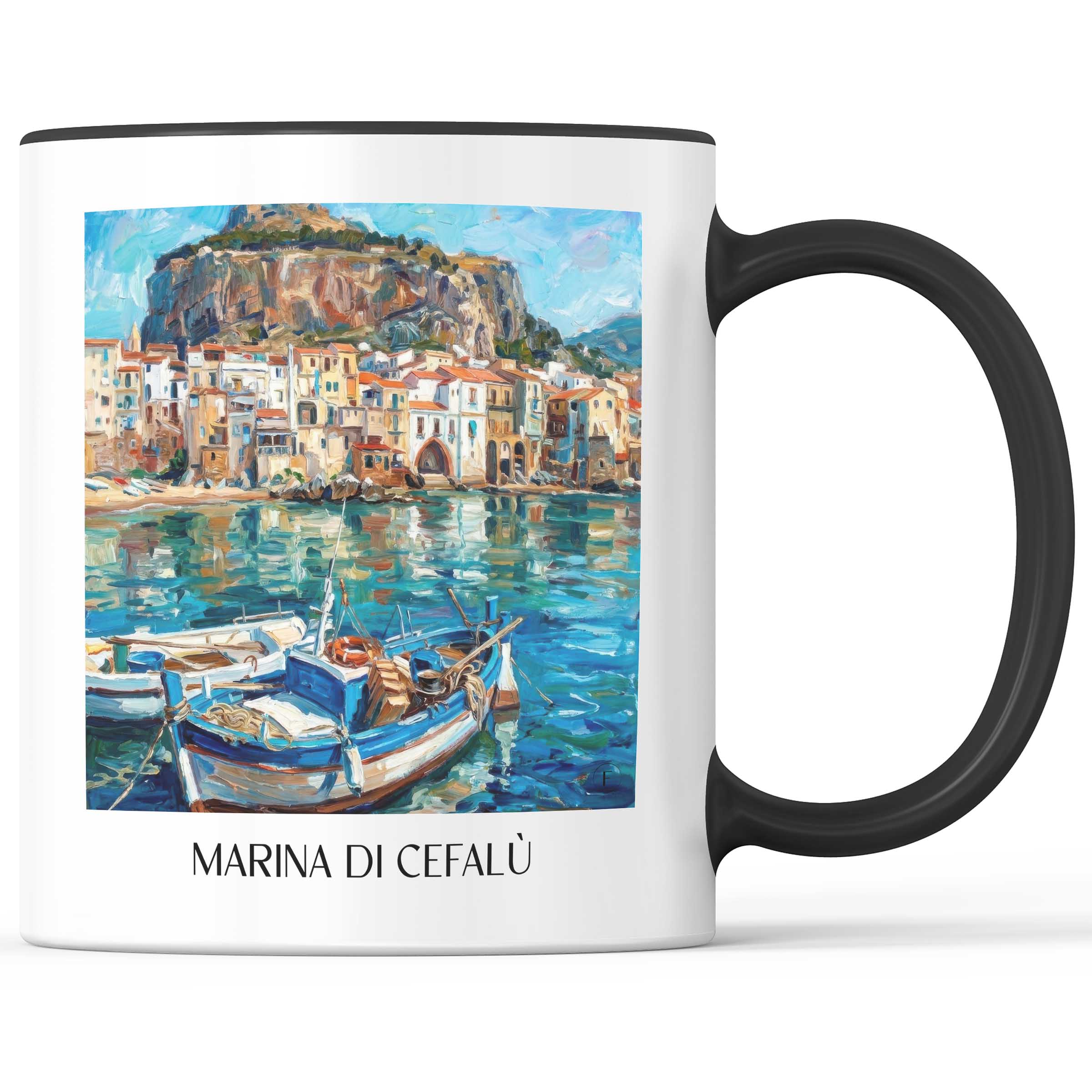 Marina di Cefalù Kaffeebecher - Sizilien - Italien Becher - Kaffeetasse im Ölgemälde Stil