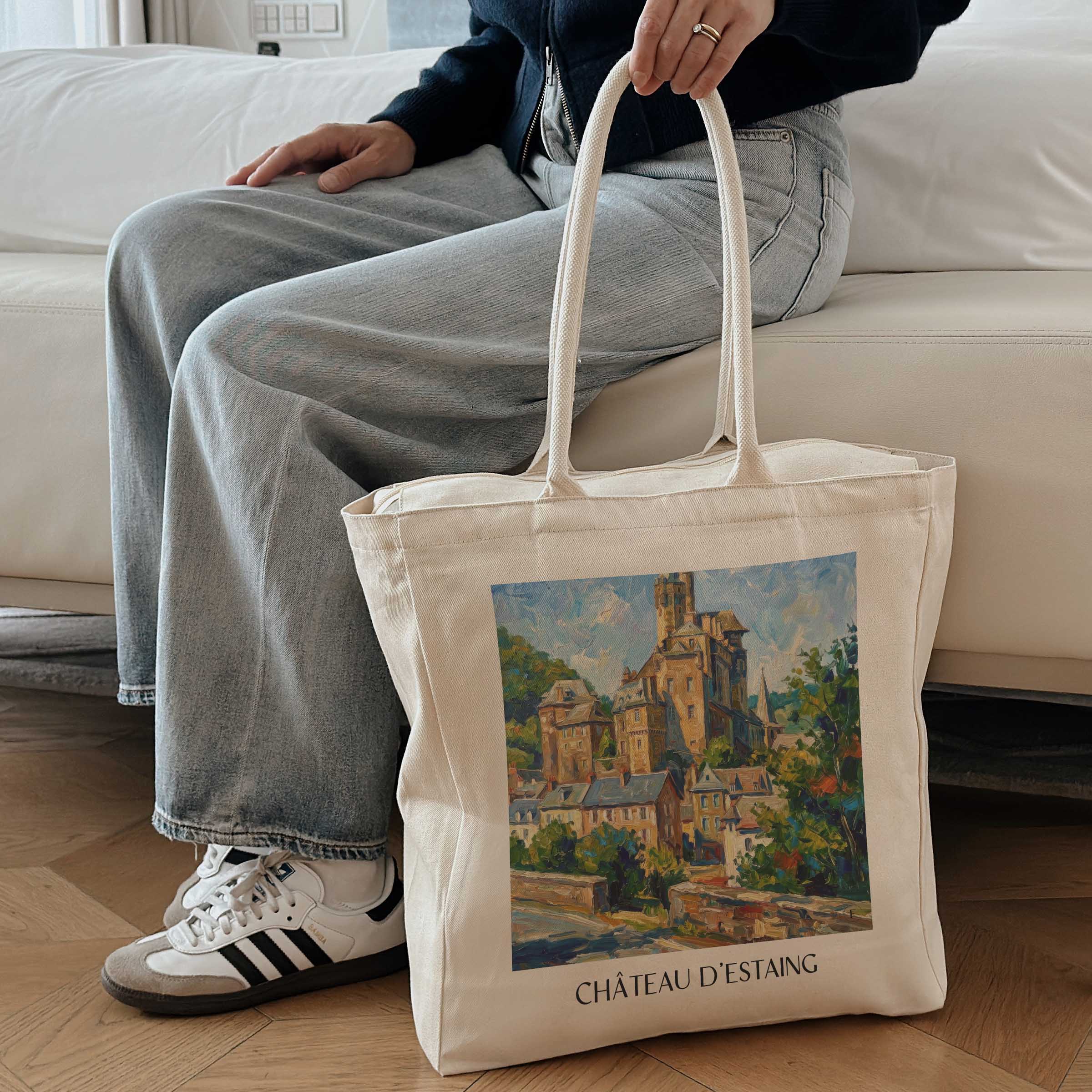 château-d'estaing-vallée-du-lot-frankreich-einkaufstasche-oil-painting-oelgemaelde