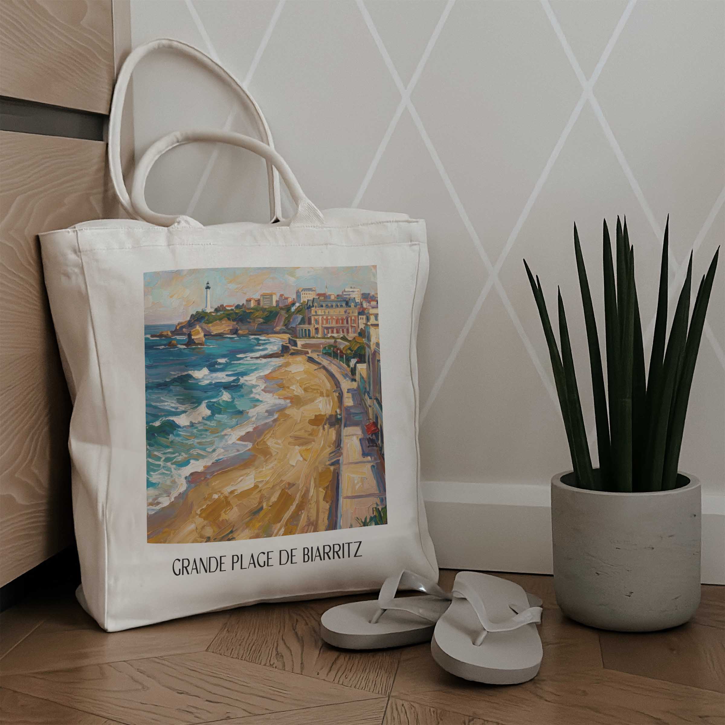 grande-plage-de-biarritz-pays-basque-frankreich-einkaufstasche-oil-painting-oelgemaelde