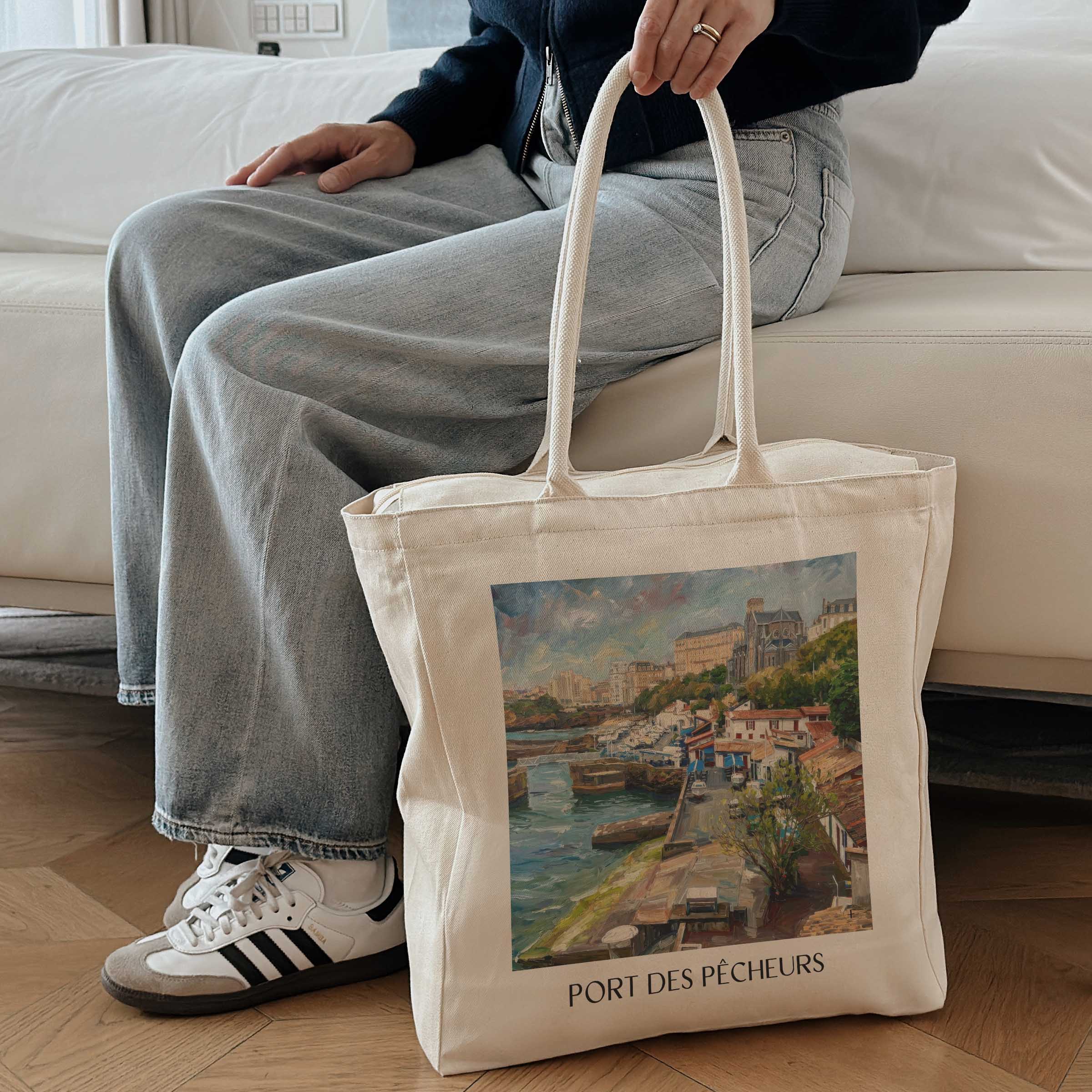port-des-pêcheurs-biarritz-frankreich-einkaufstasche-oil-painting-oelgemaelde