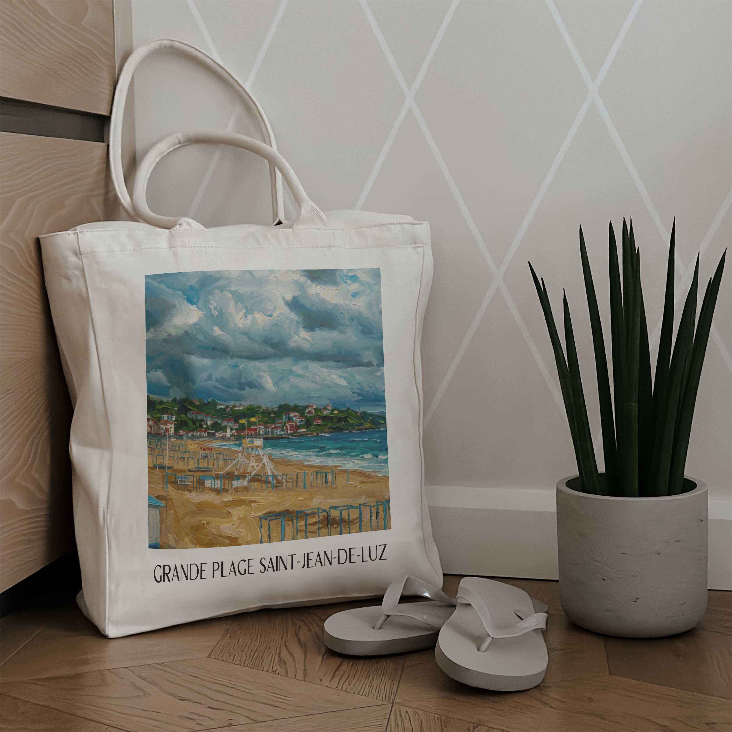 grande-plage-saint-jean-de-luz-pays-basque-frankreich-einkaufstasche-oil-painting-oelgemaelde