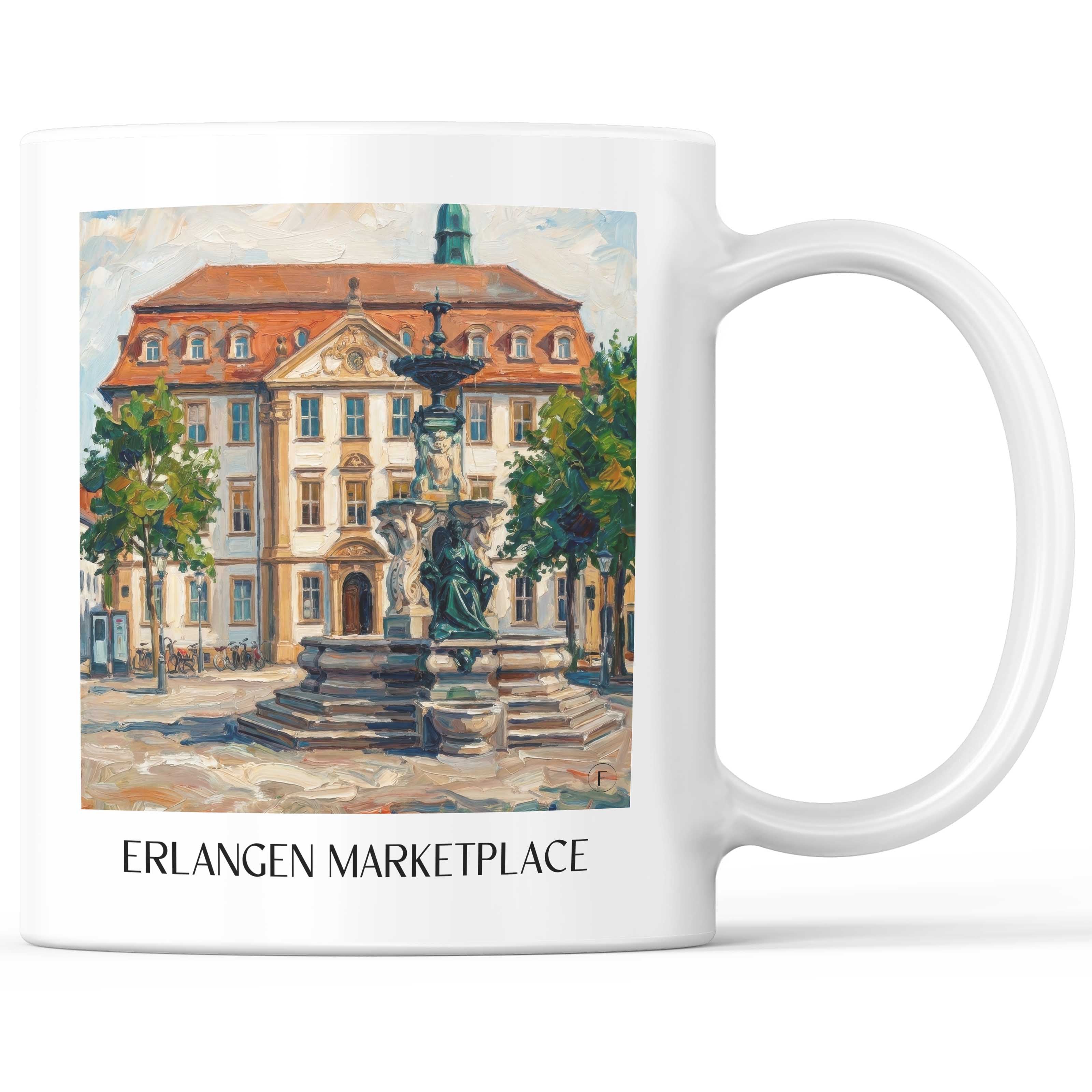 Marktplatz Kaffeebecher - Erlangen - Deutschland Becher - Kaffeetasse im Ölgemälde Stil