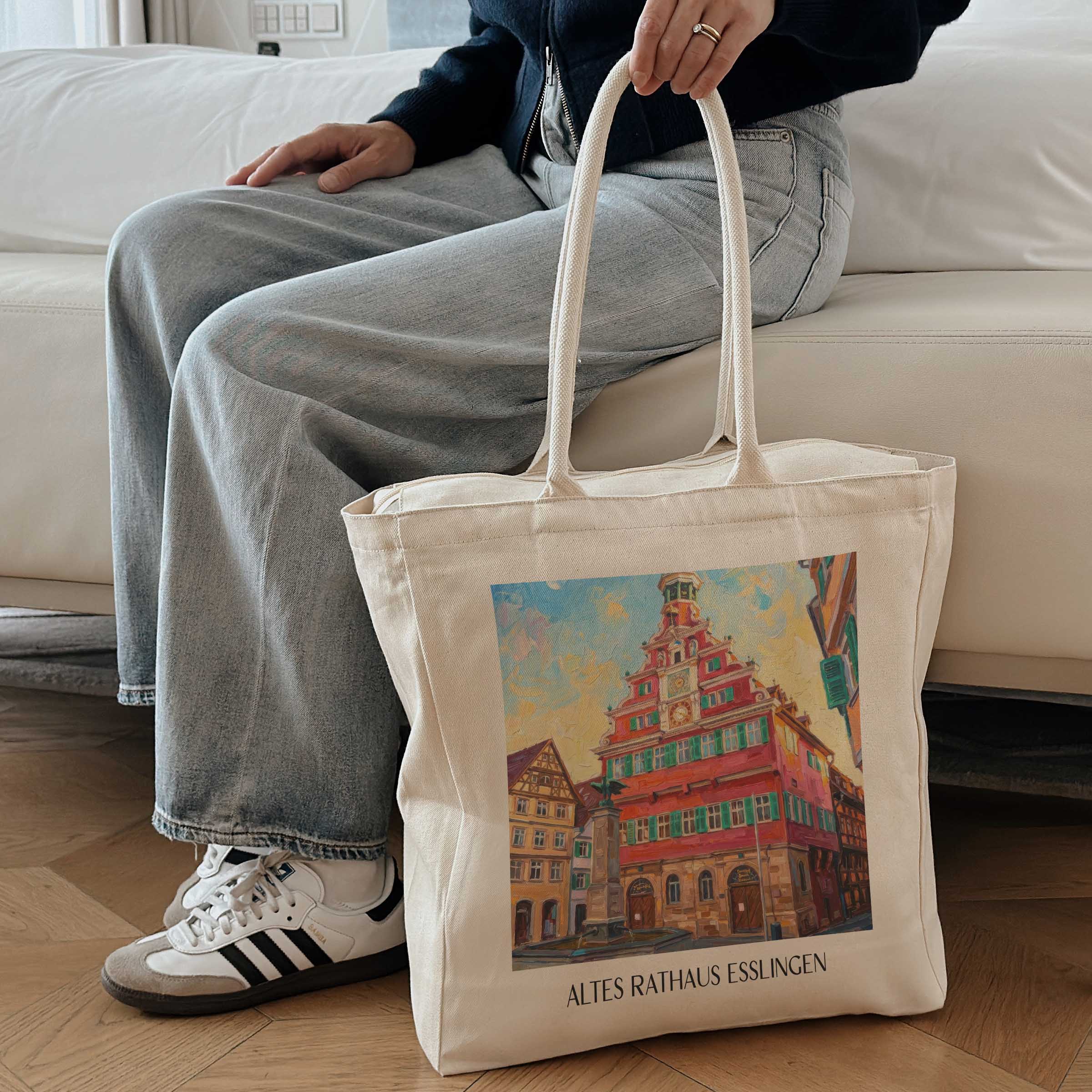 altes-rathaus-esslingen-am-neckar-deutschland-einkaufstasche-oil-painting-oelgemaelde