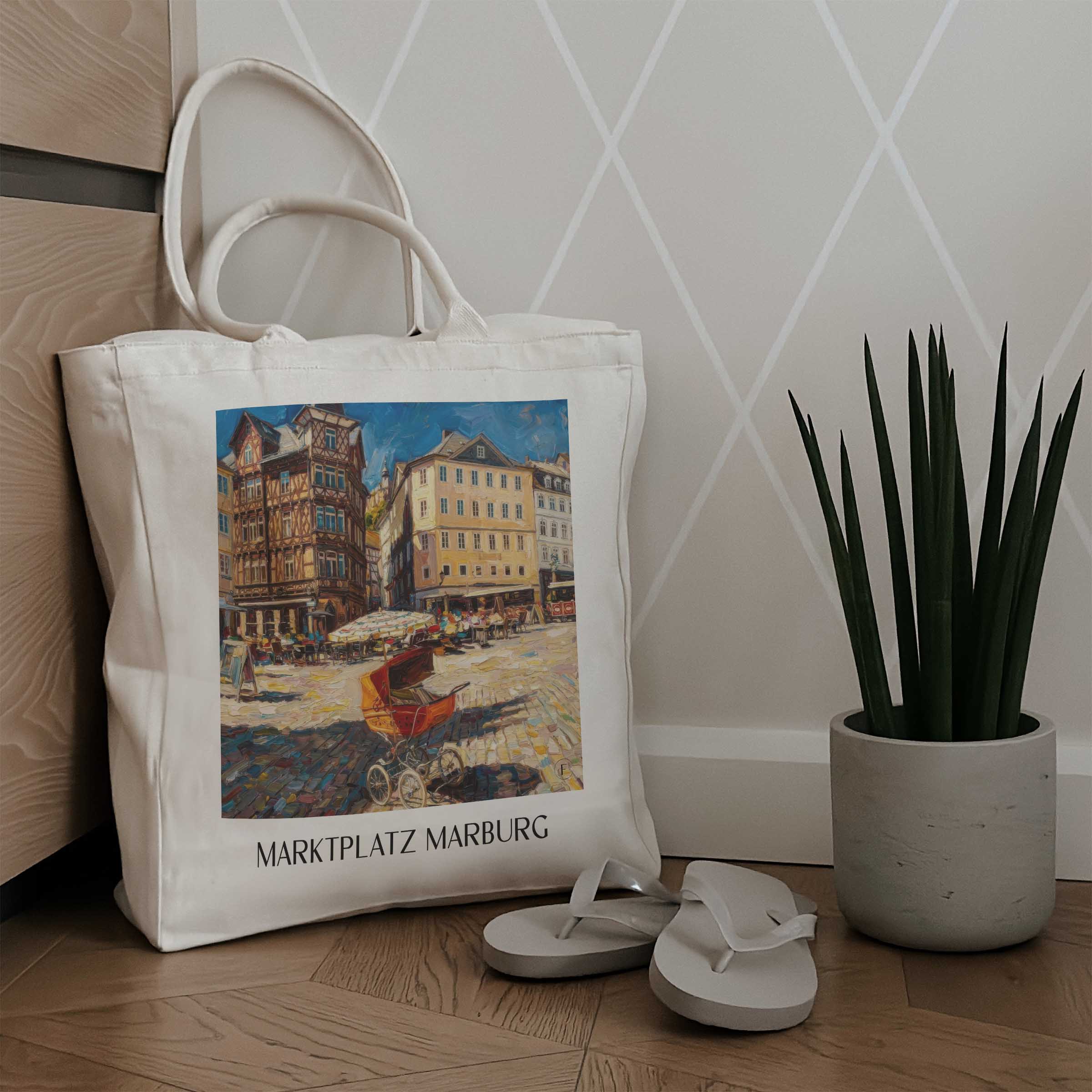 marktplatz-marburg-deutschland-einkaufstasche-oil-painting-oelgemaelde