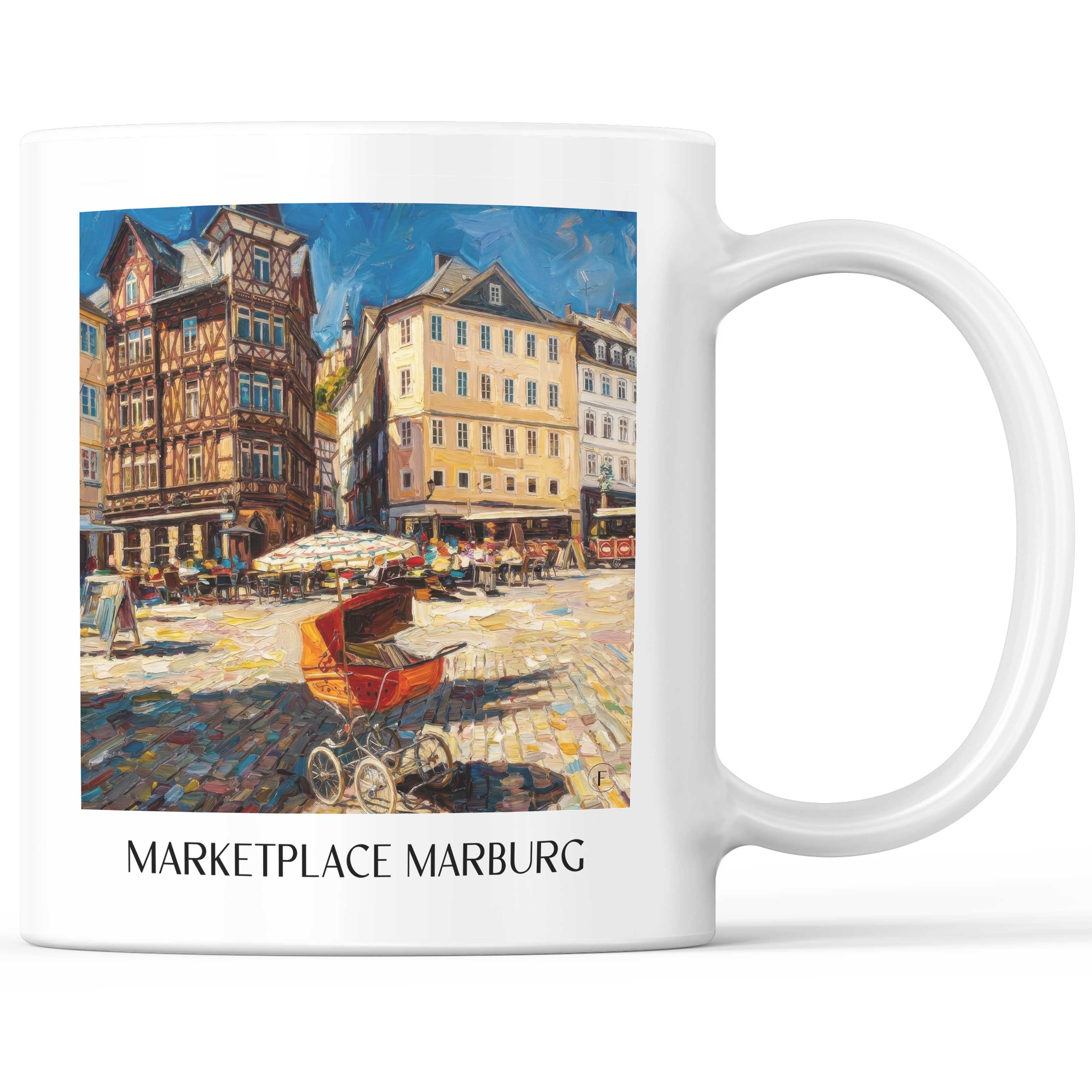 Marktplatz Kaffeebecher - Marburg - Deutschland Becher - Kaffeetasse im Ölgemälde Stil