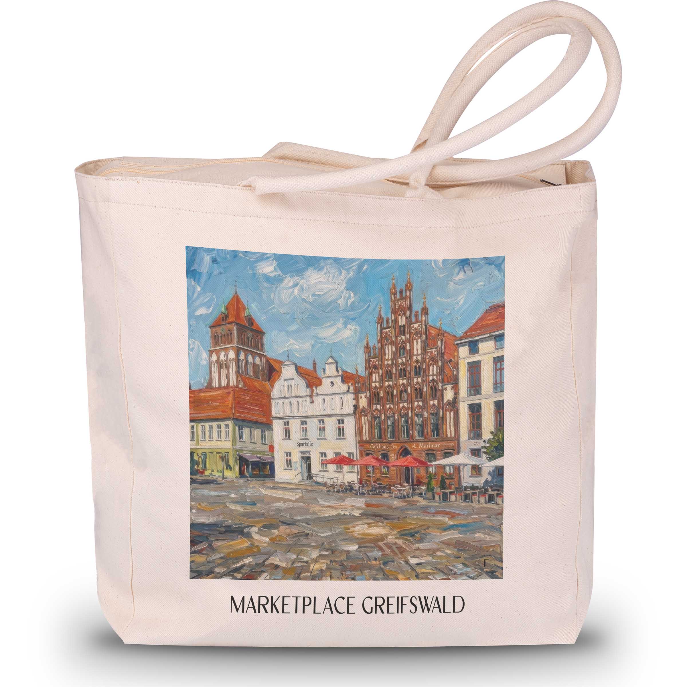 Marktplatz Shopping Tasche - Greifswald - Deutschland Tote Bag - Einkaufstasche im Ölgemälde Stil