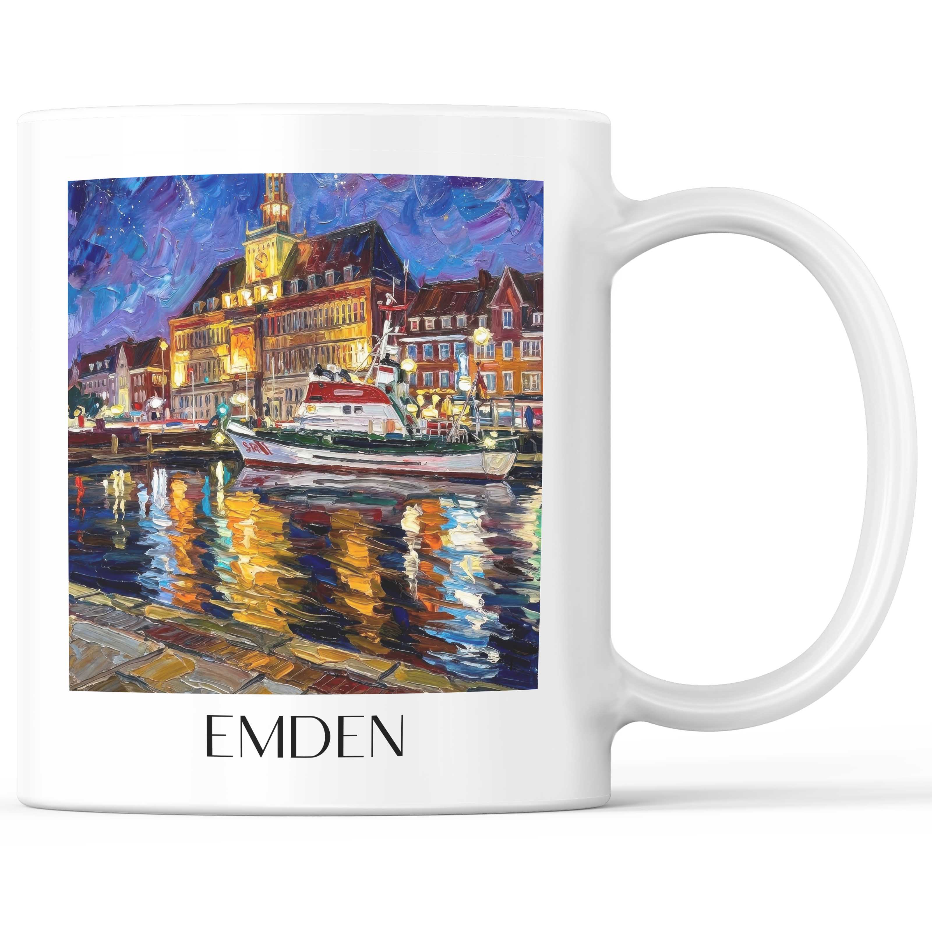 Emden (bei Nacht) Kaffeebecher - Ostfriesland - Deutschland Becher - Kaffeetasse im Ölgemälde Stil