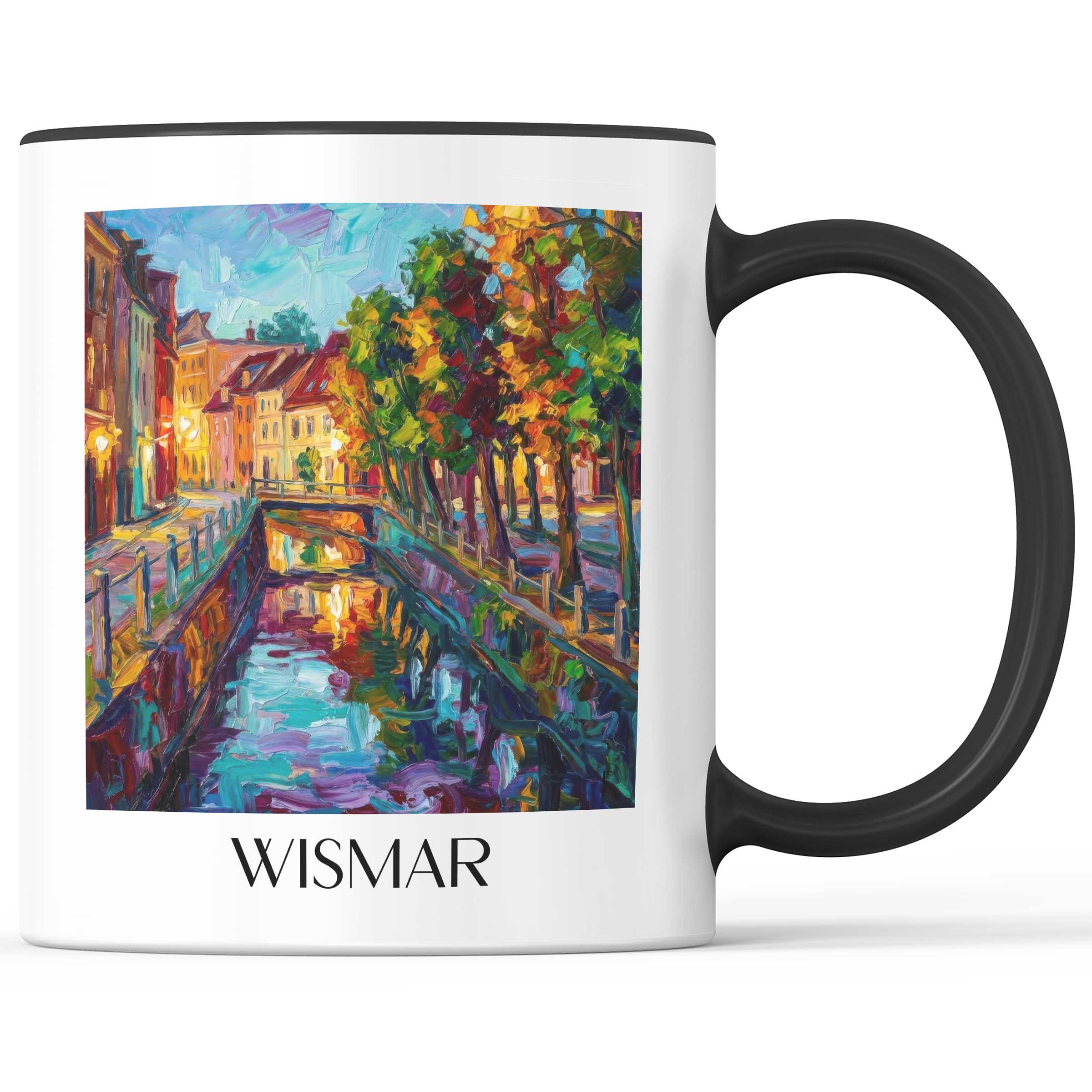 Wismar (bei Nacht) Kaffeebecher - Mecklenburg - Deutschland Becher - Kaffeetasse im Ölgemälde Stil