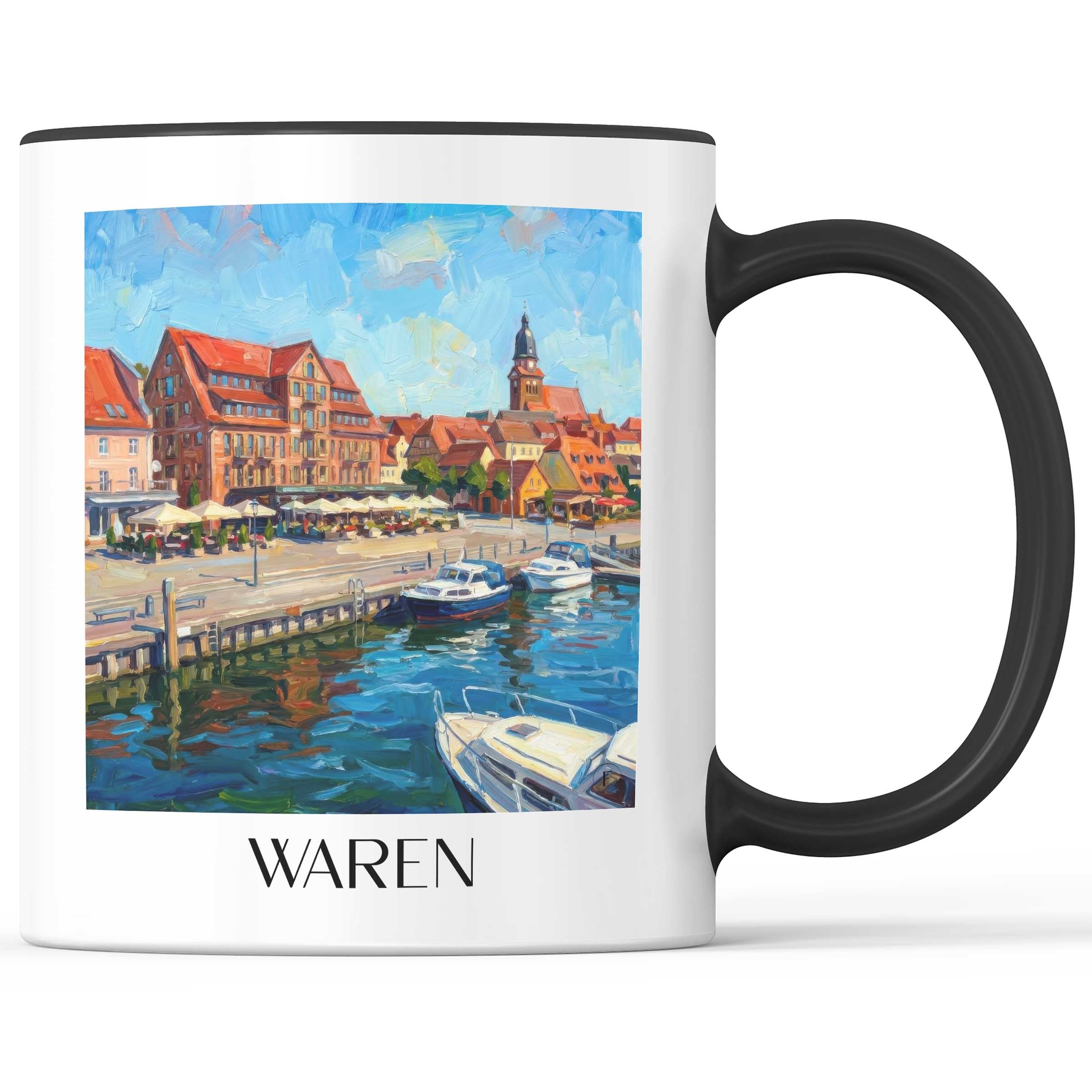 Waren Kaffeebecher - Mecklenburgische Seenplatte - Deutschland Becher - Kaffeetasse im Ölgemälde Stil