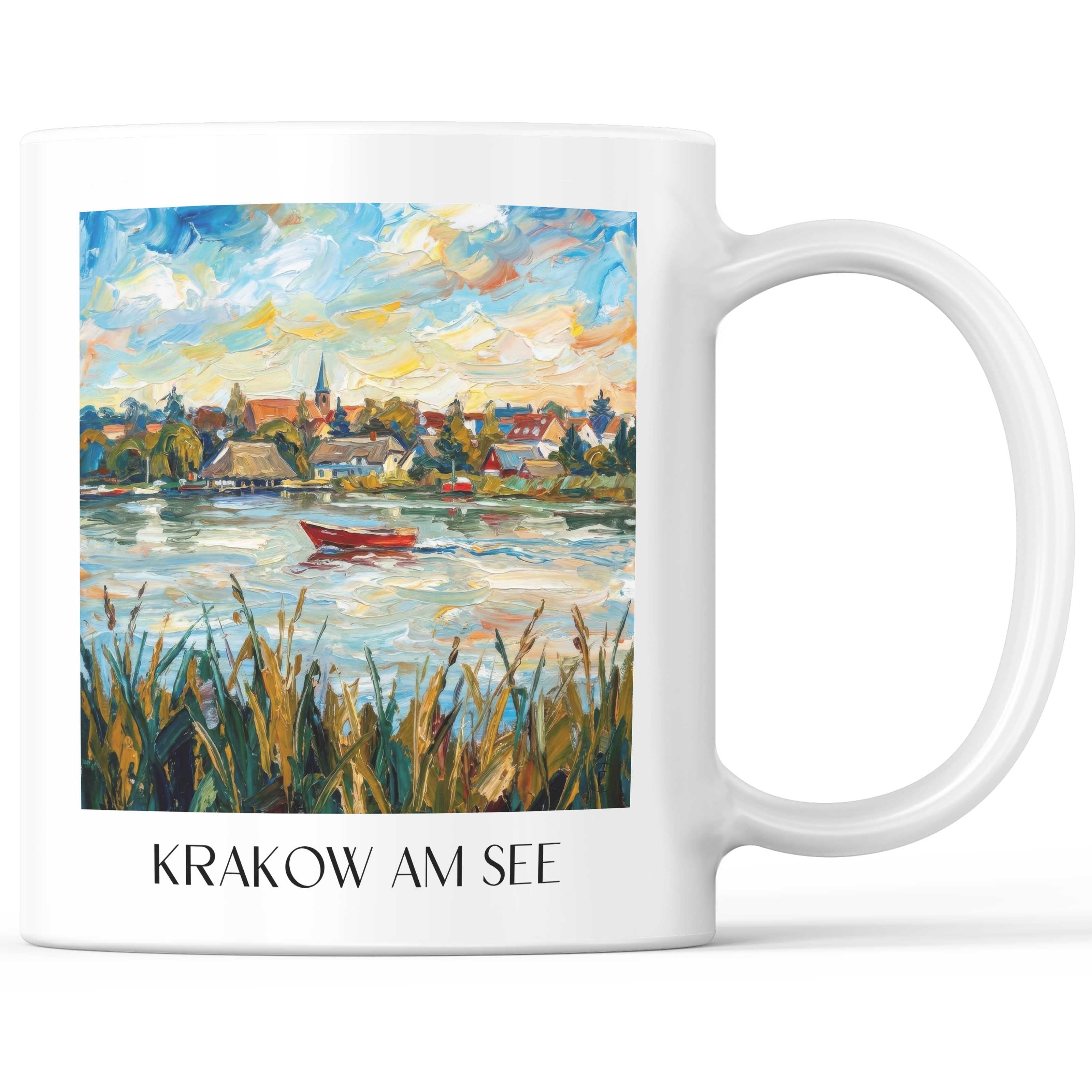 Krakow am See Kaffeebecher - Mecklenburgische Seenplatte - Deutschland Becher - Kaffeetasse im Ölgemälde Stil