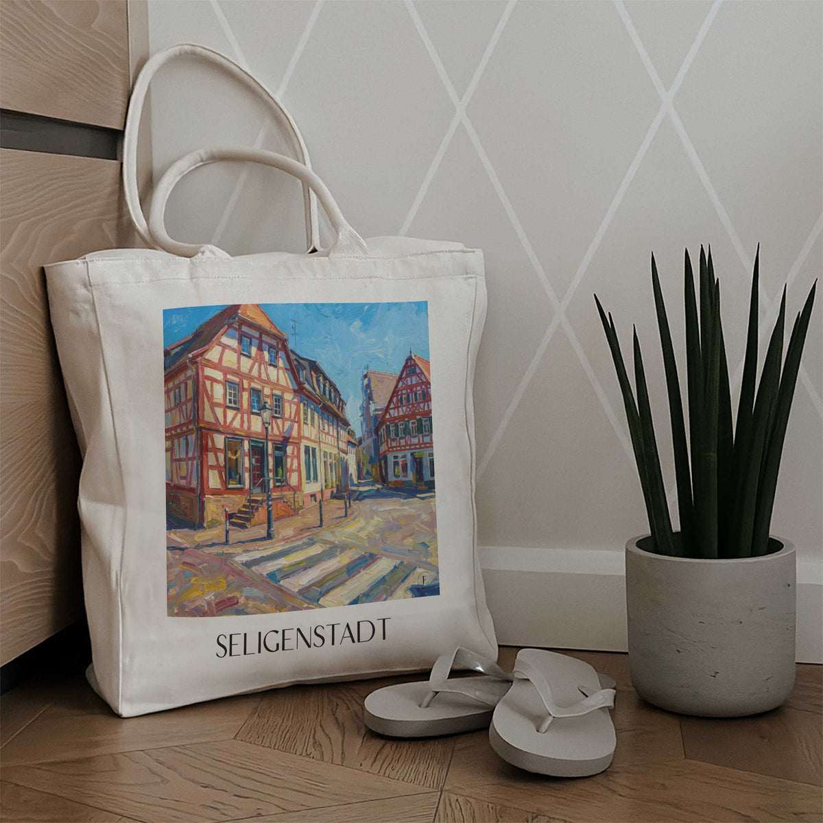seligenstadt-untermain-deutschland-einkaufstasche-oil-painting-oelgemaelde