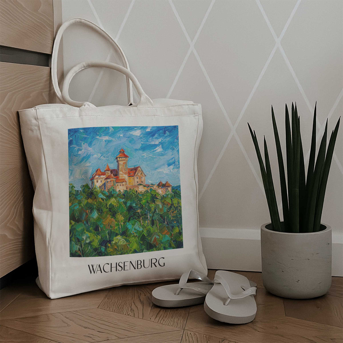 wachsenburg-thüringen-deutschland-einkaufstasche-oil-painting-oelgemaelde