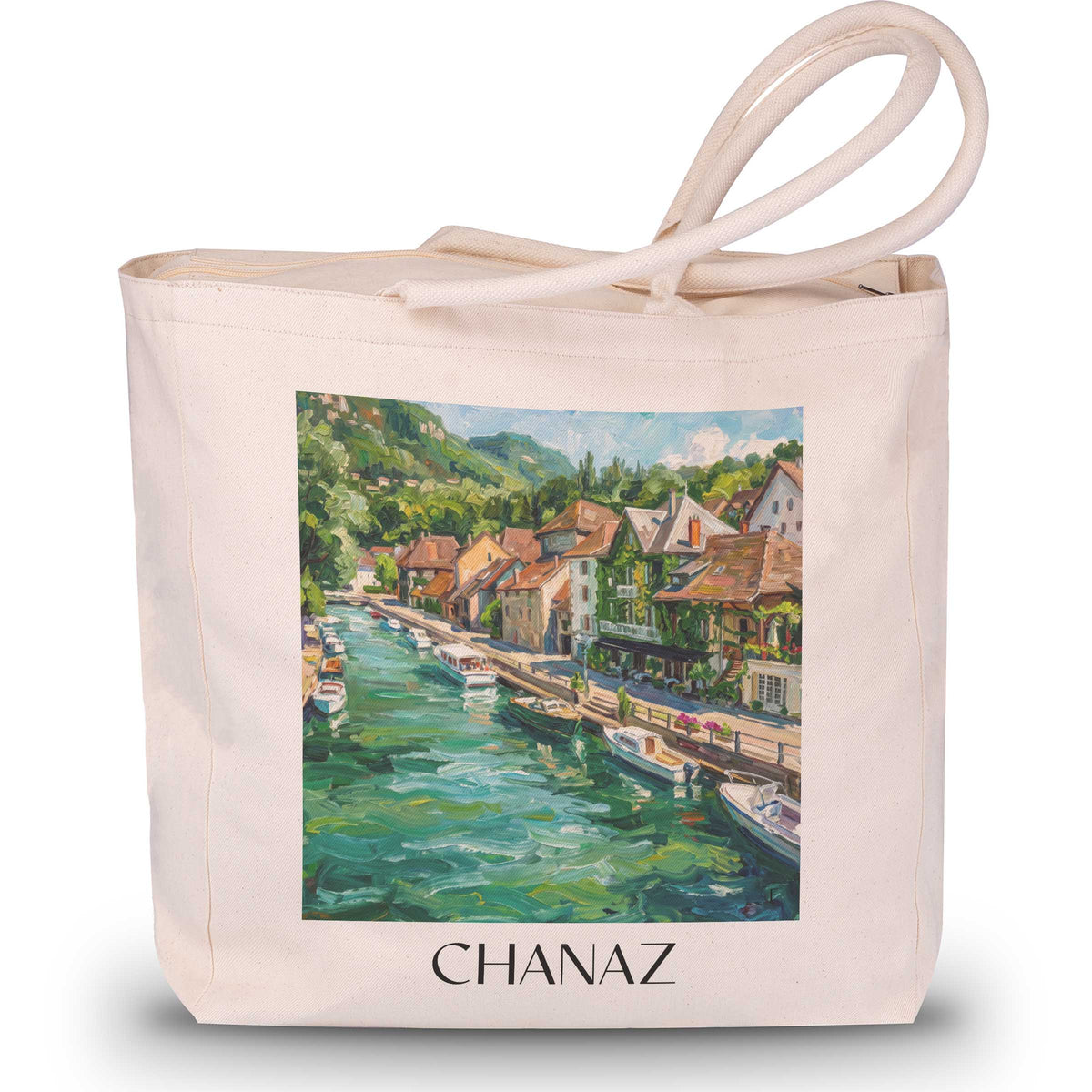 chanaz-canal-de-savière-frankreich-einkaufstasche-oil-painting-oelgemaelde