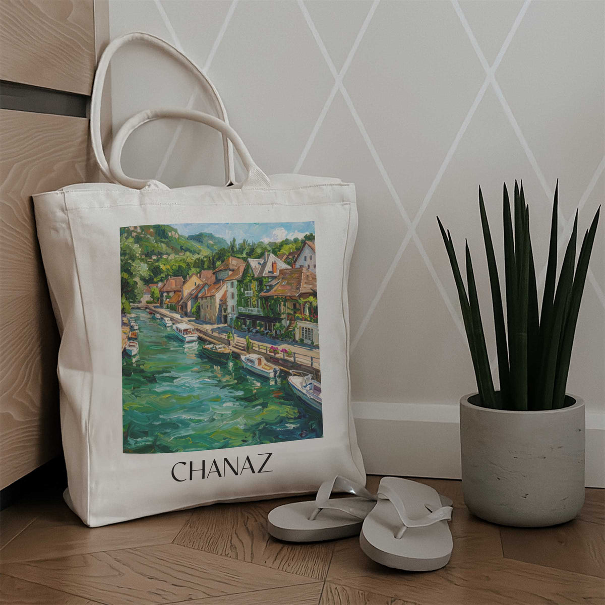 chanaz-canal-de-savière-frankreich-einkaufstasche-oil-painting-oelgemaelde
