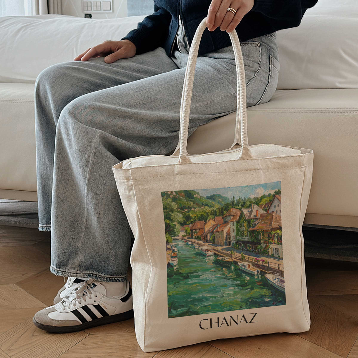chanaz-canal-de-savière-frankreich-einkaufstasche-oil-painting-oelgemaelde