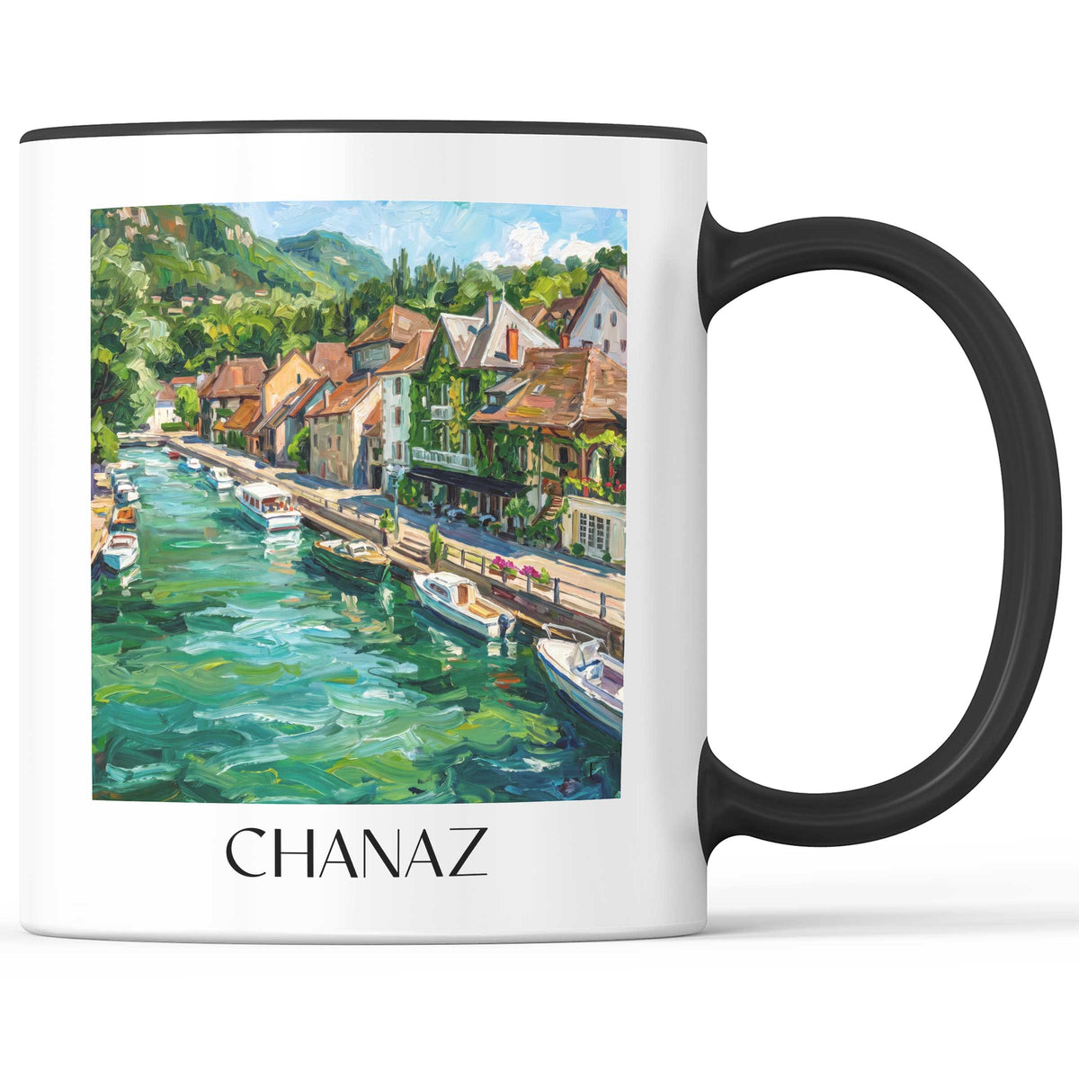 Chanaz Kaffeebecher - Canal de Savière - Frankreich Becher - Kaffeetasse im Ölgemälde Stil