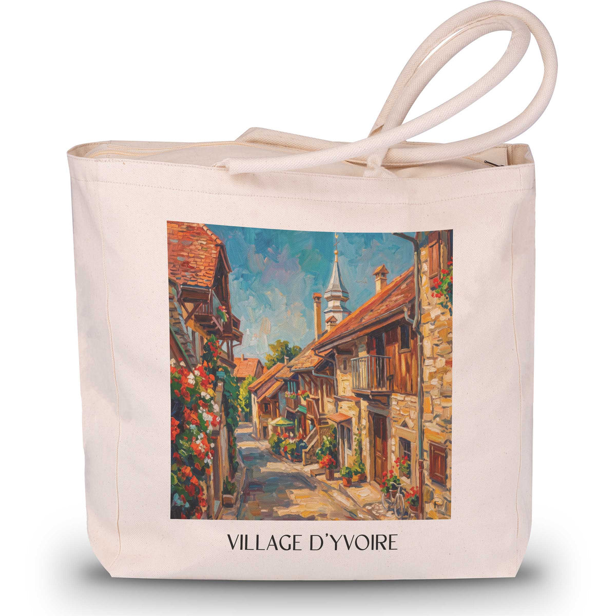 village-d'yvoire-haute-savoie-frankreich-einkaufstasche-oil-painting-oelgemaelde