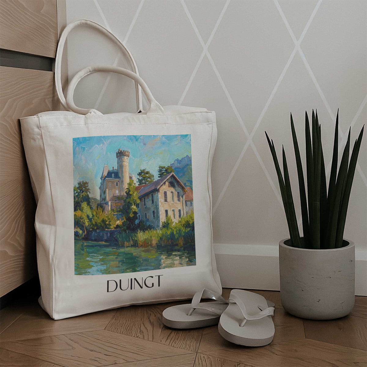 duingt-lac-d'annecy-frankreich-einkaufstasche-oil-painting-oelgemaelde