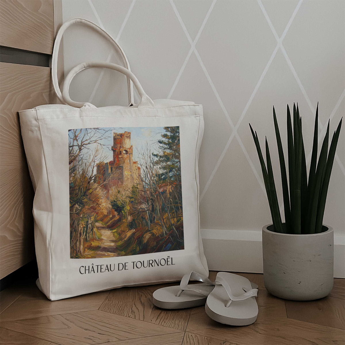 château-de-tournoël-riom-frankreich-einkaufstasche-oil-painting-oelgemaelde