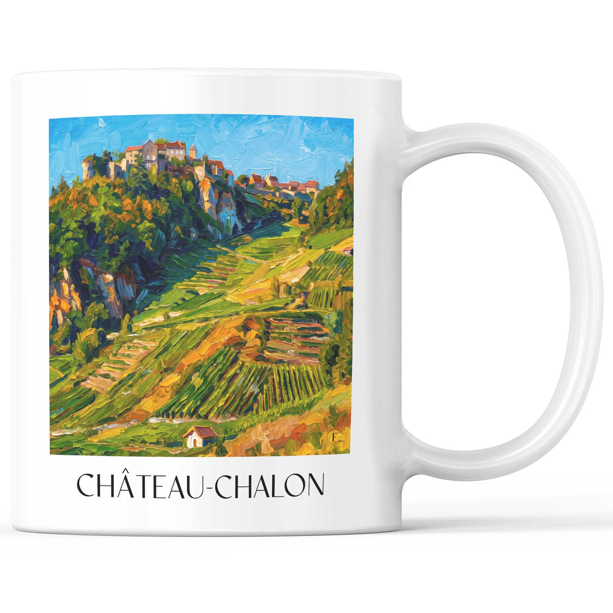 Château-Chalon Kaffeebecher - Vignoble du Jura - Frankreich Becher - Kaffeetasse im Ölgemälde Stil