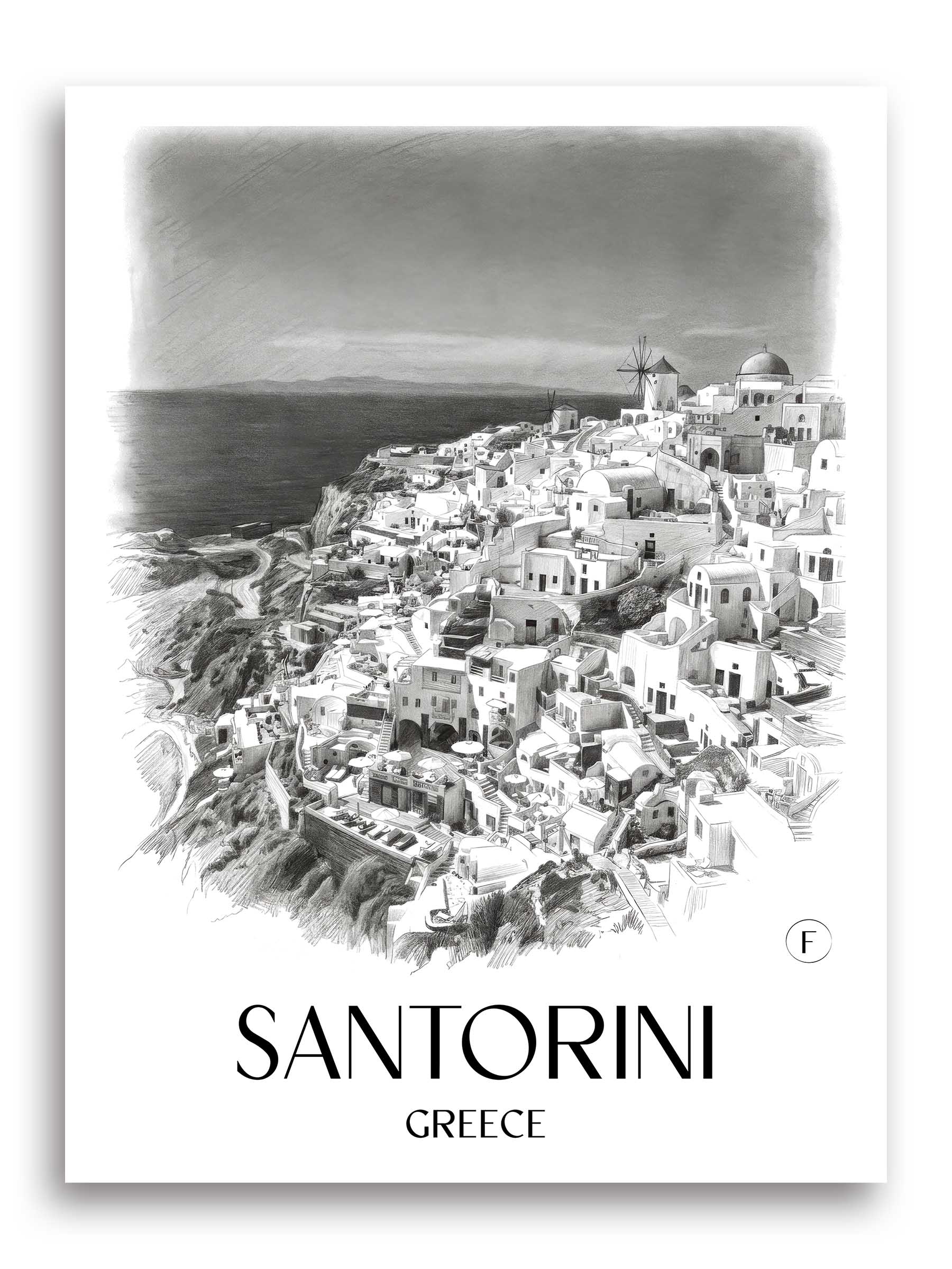 Santorin Poster - - Griechenland Kunstdruck - Zeichnung von A4 bis A1