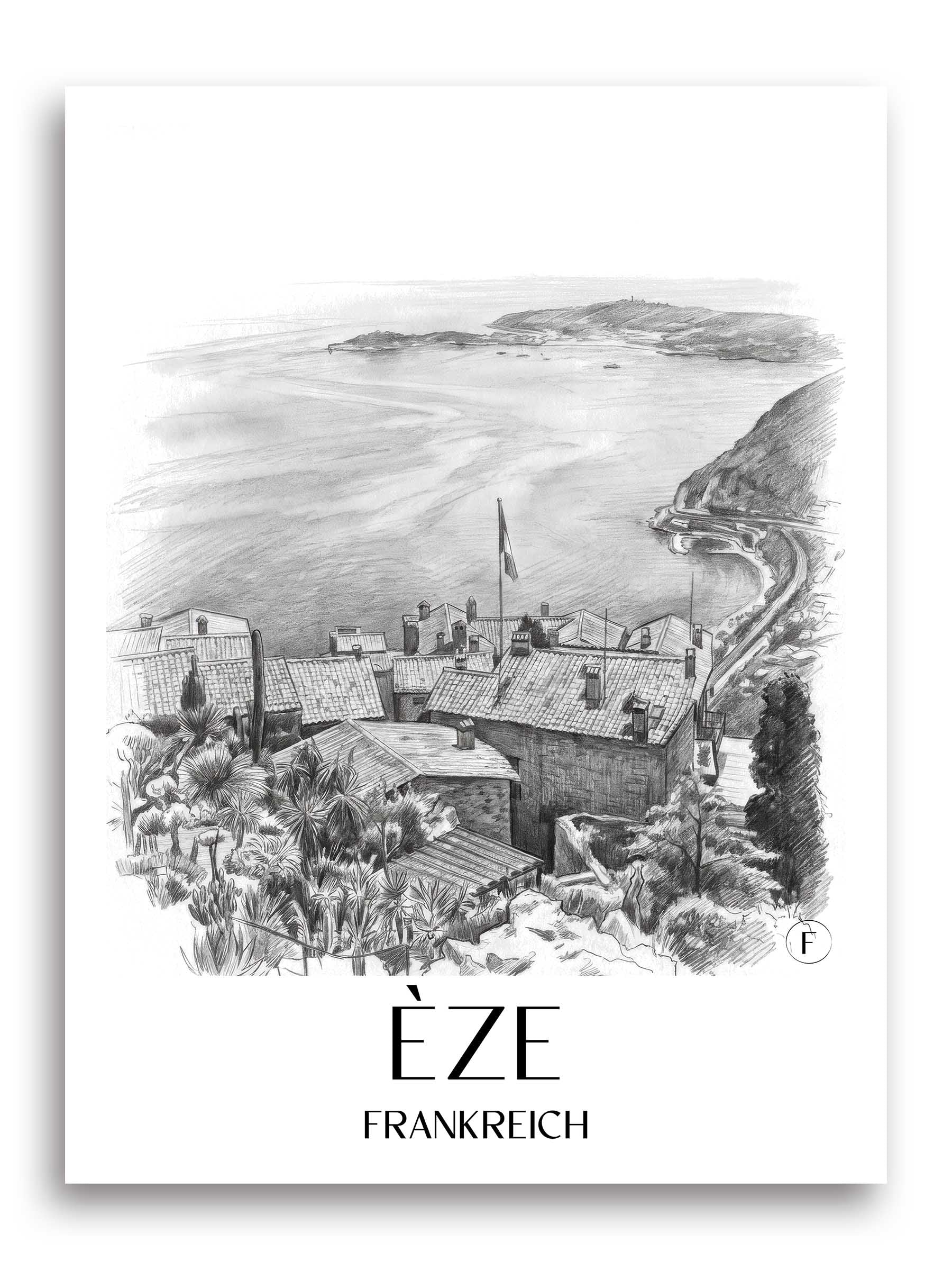 èze-frankreich-poster-bleistift-zeichnung-drawing