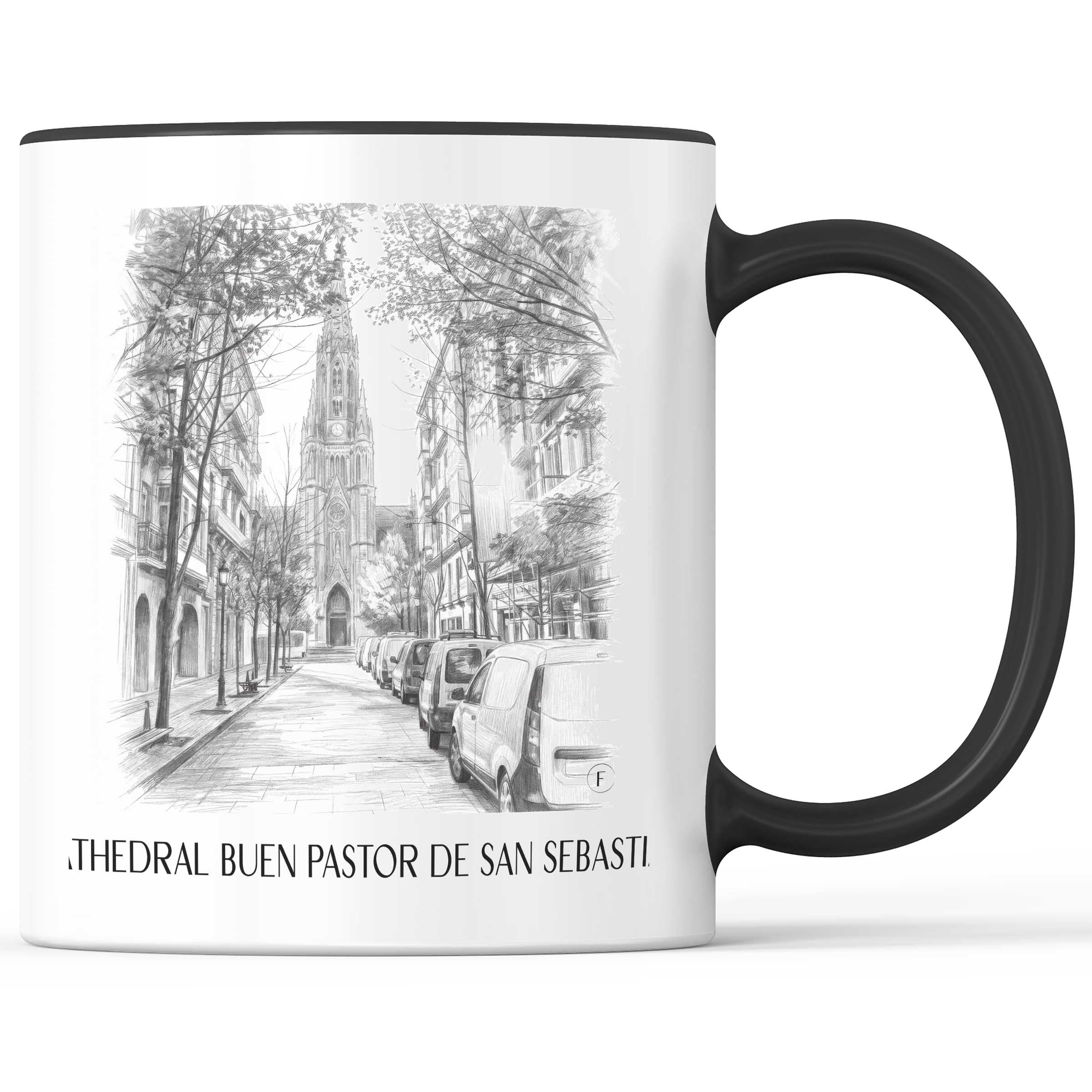 Cathedral Buen Pastor Kaffeebecher - San Sebastián - Spanien Becher - Kaffeetasse im Zeichnung Stil