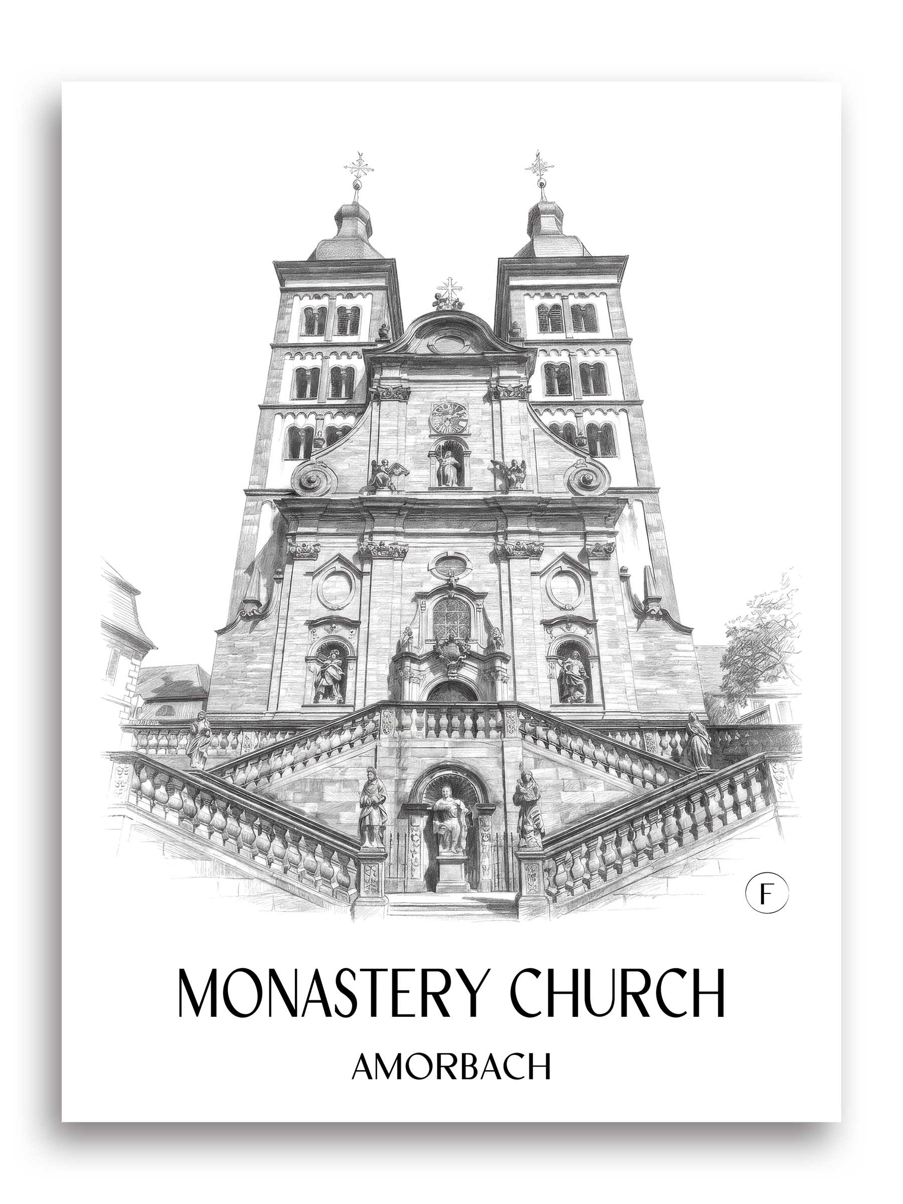 Klosterkirche Poster - Amorbach - Deutschland Kunstdruck - Zeichnung von A4 bis A1