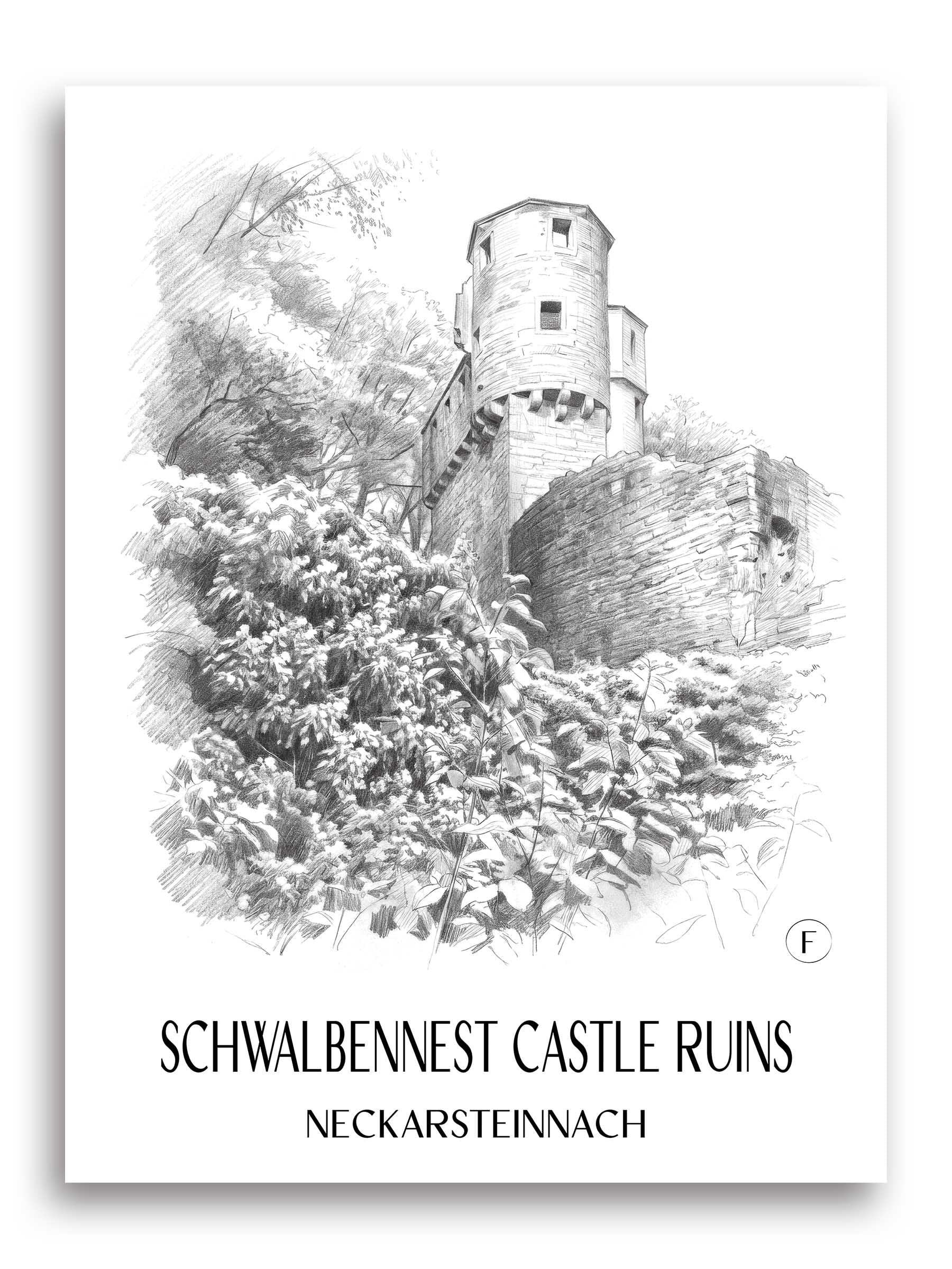 Burgruine Schwalbennest Poster - Neckarsteinnach - Deutschland Kunstdruck - Zeichnung von A4 bis A1
