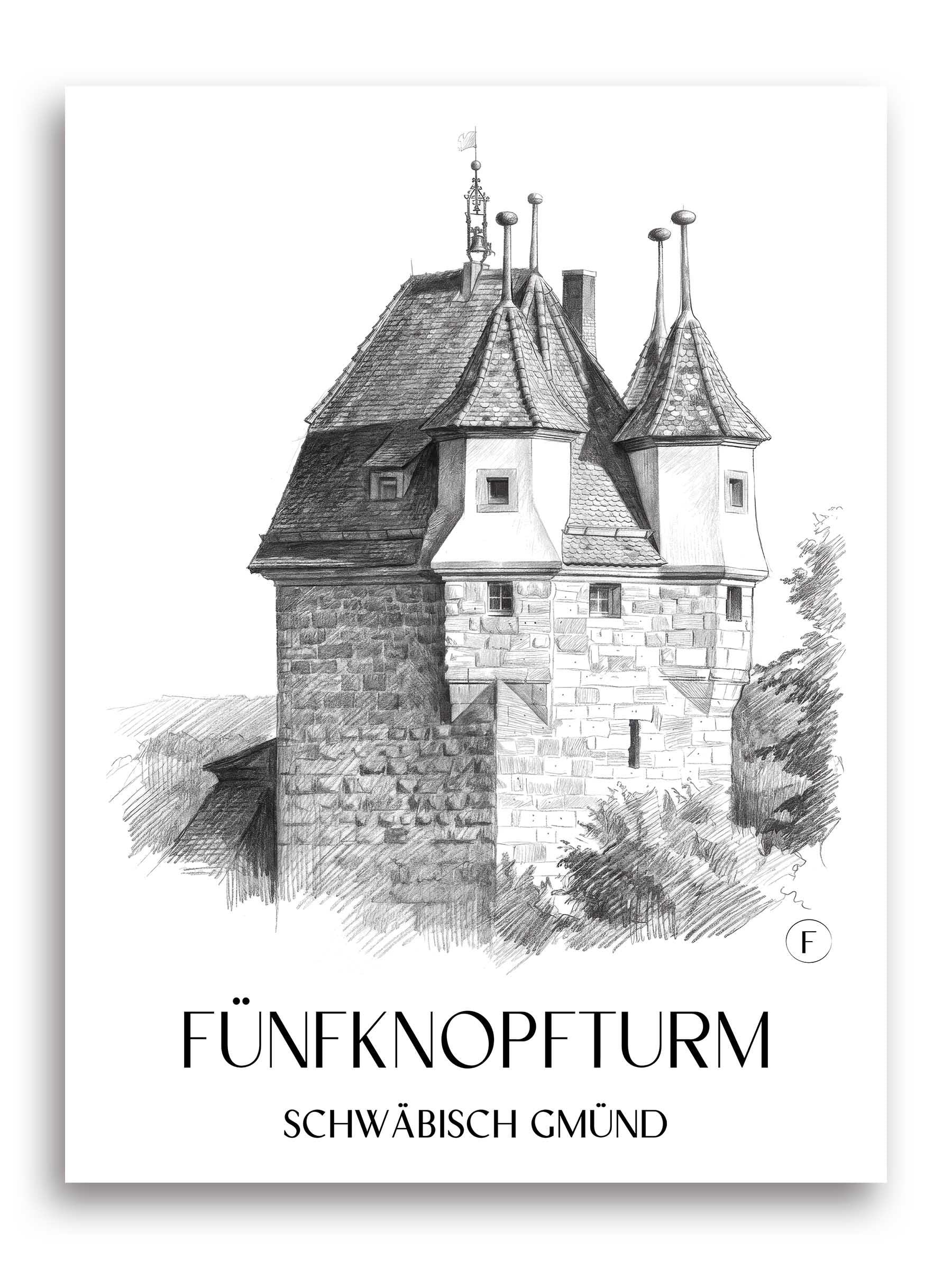 fünfknopfturm-schwäbisch-gmünd-deutschland-poster-bleistift-zeichnung-drawing
