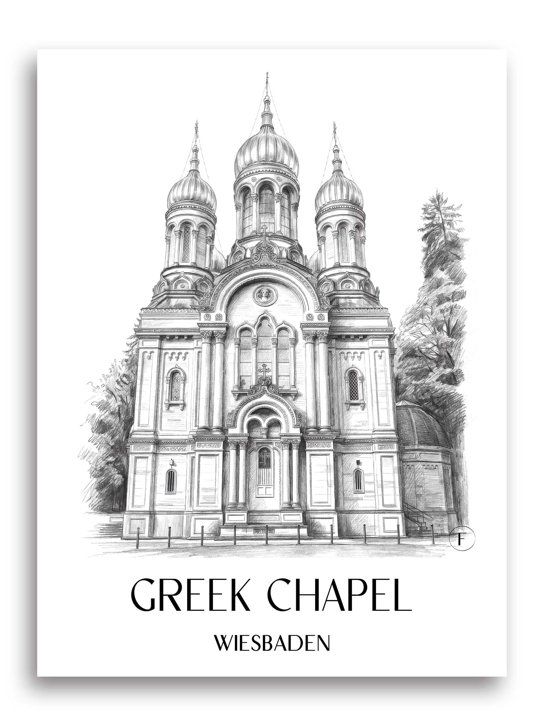 Grichische Kapelle Poster - Wiesbaden - Deutschland Kunstdruck - Zeichnung von A4 bis A1