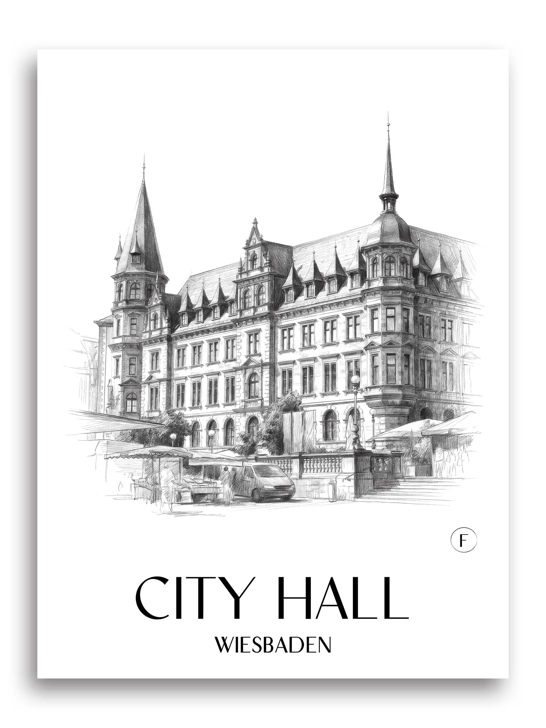 Rathaus Poster - Wiesbaden - Deutschland Kunstdruck - Zeichnung von A4 bis A1