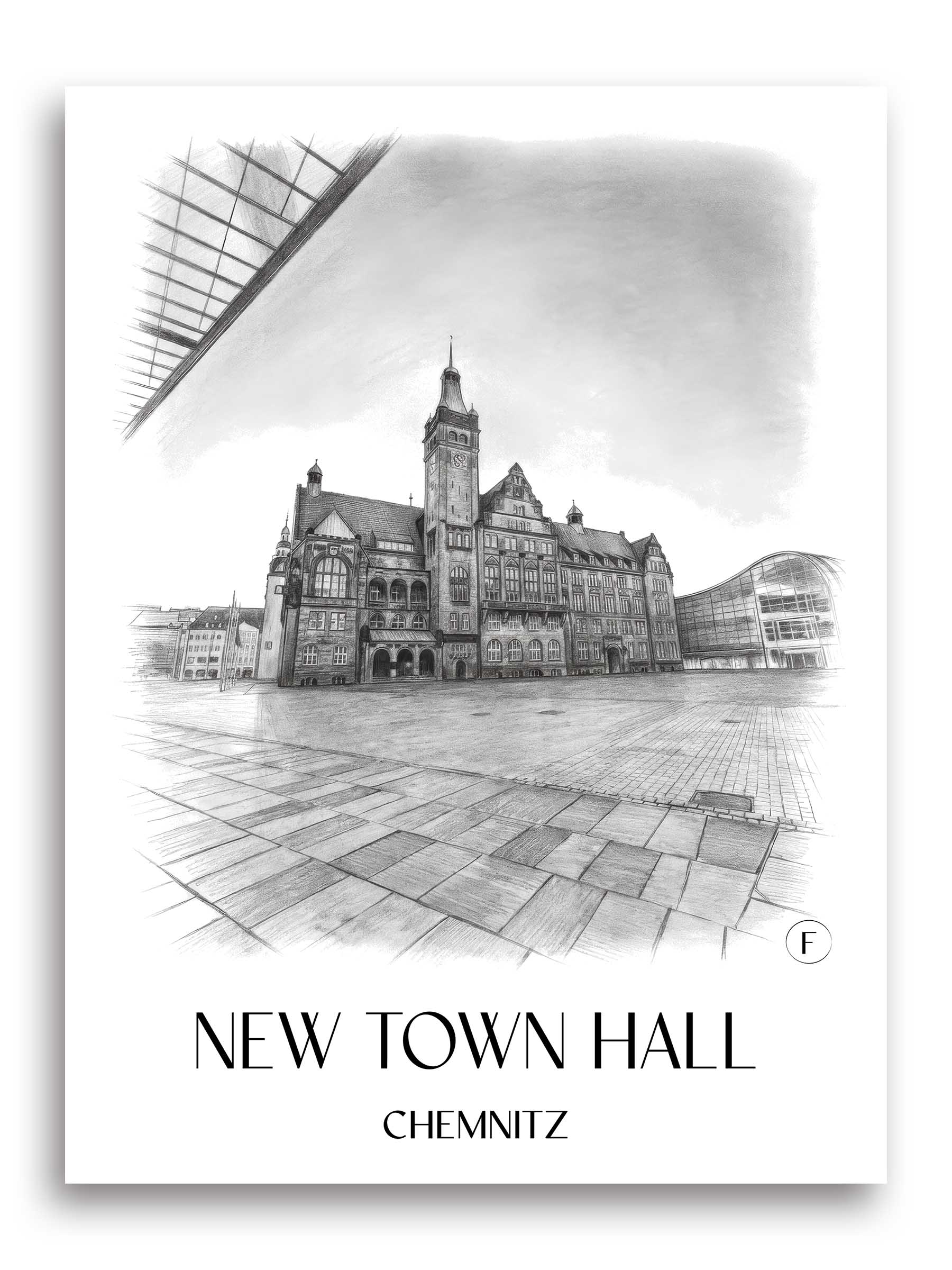 Neues Rathaus Poster - Chemnitz - Deutschland Kunstdruck - Zeichnung von A4 bis A1