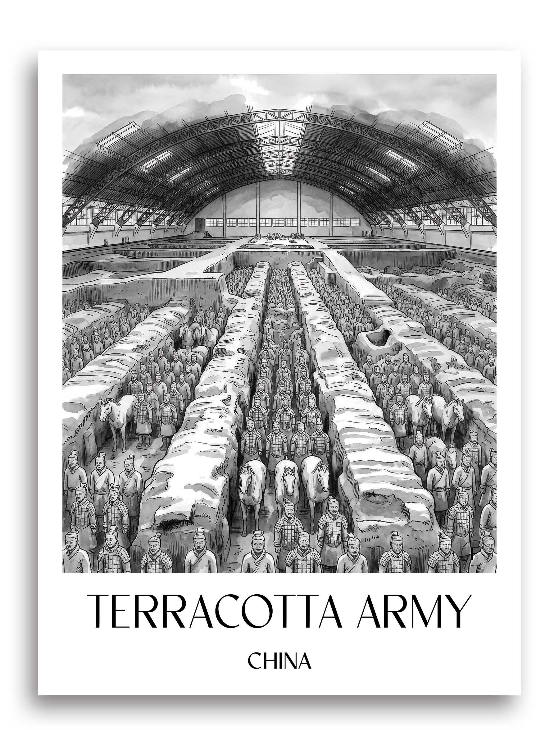 terrakotta Armee Poster - - China Kunstdruck - Aquarell Schwarz-Weiß von A4 bis A1 - favplace
