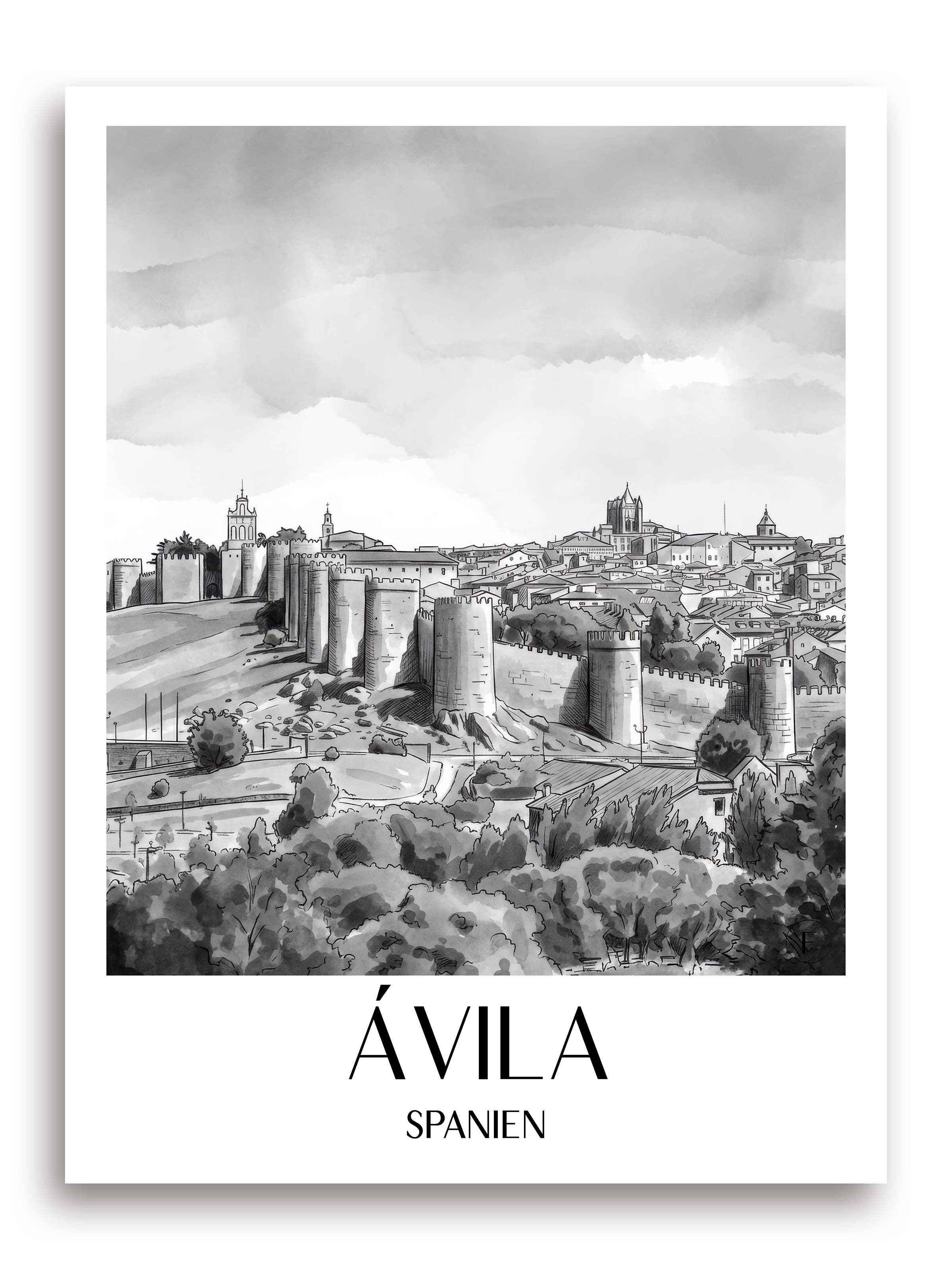 ávila-spanien-spanien-poster-aquarell-schwarz-weiss