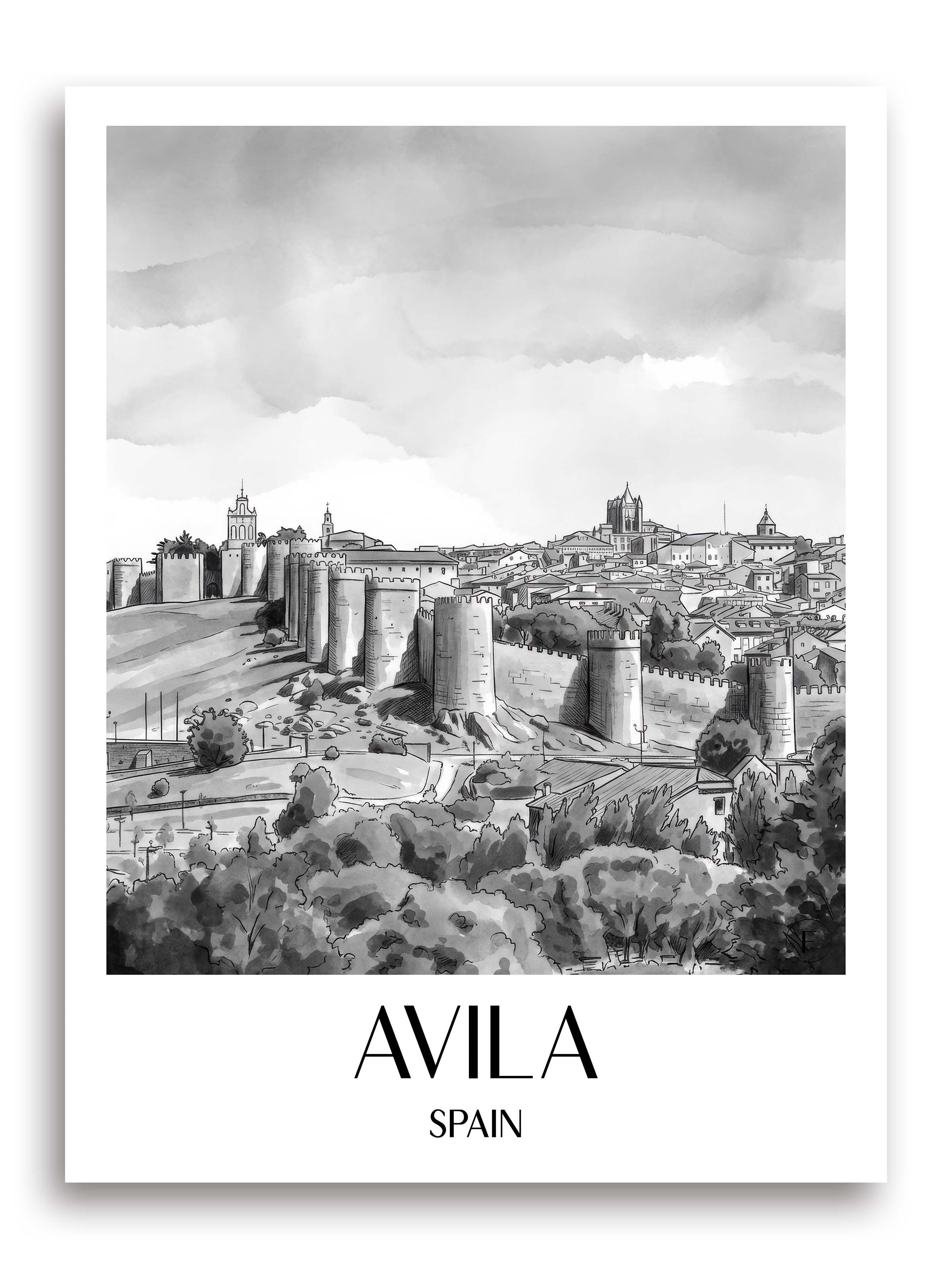 Ávila Poster - Spanien - Spanien Kunstdruck - Aquarell Schwarz-Weiß von A4 bis A1 - favplace
