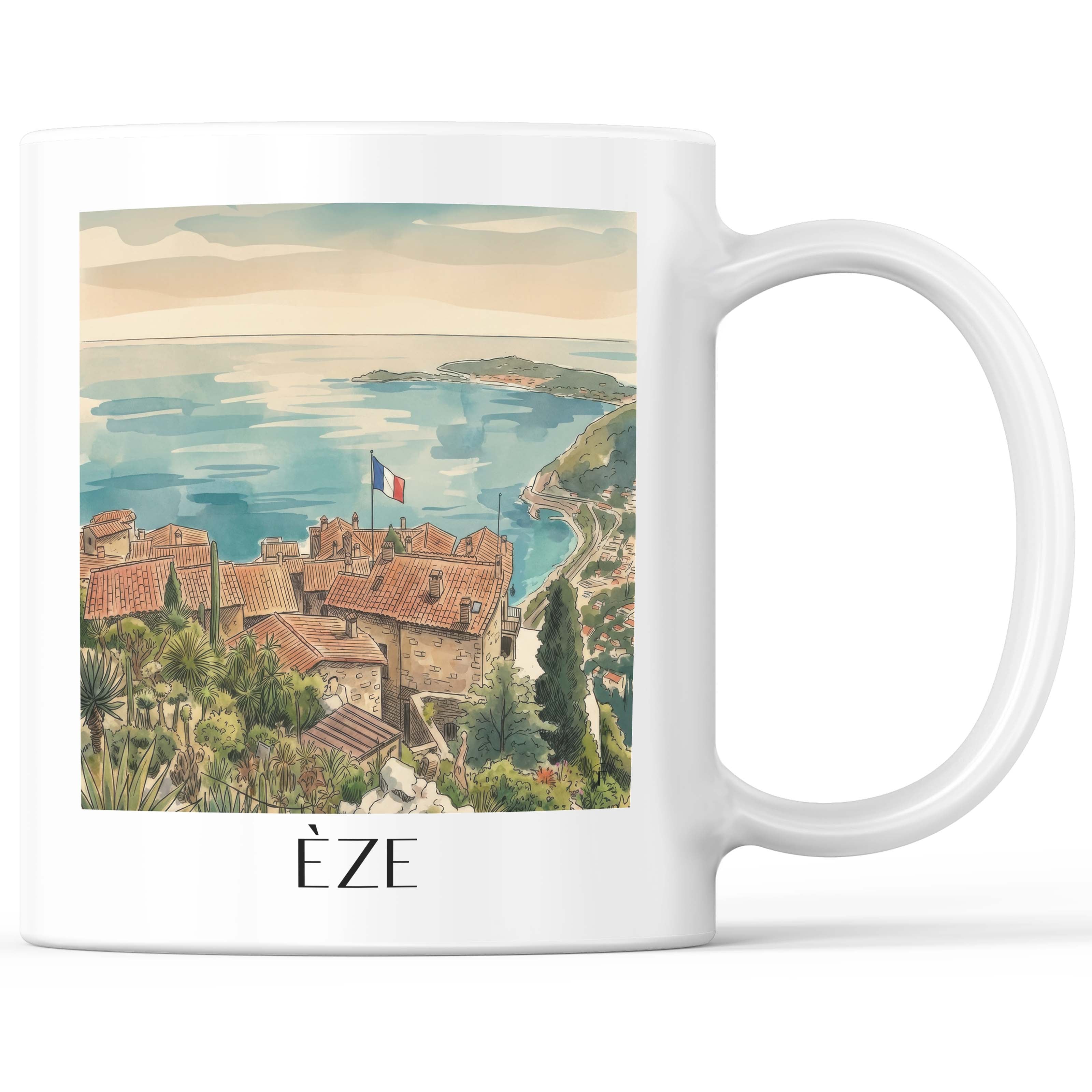 Èze - Frankreich Becher - Kaffeetasse im Aquarell Stil - favplace
